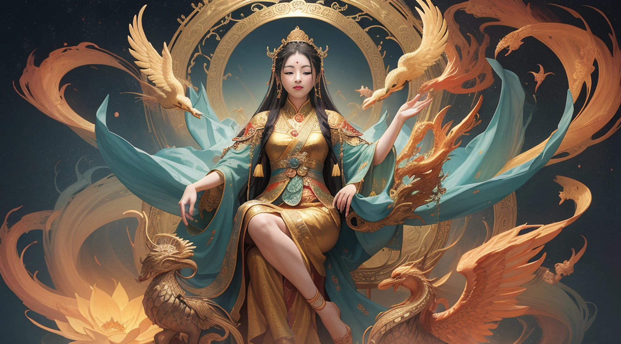 The sacred radiance shines around her,The holy light protects her Dharma body.In the glory of the highest Heaven. Appears a female Immortal.The Bodhisattva Wore on her head, Marvellous pearl tassels With golden clasps,Set with turquoise,And gleaming golden.She wore on her body.A plain blue robe with flying phoenixes,Pale-coloured,Patterned with running water,On which curled golden dragons.Before her breast hung.A moon-bright,Wind-dancing,Pearl-encrusted,Jade-set circlet full of fragrance.Around her waist was A skirt of embroidery and brocade from the Jade Pool,Made from the silk of ice-silkworms,With golden seams,That rode on coloured clouds.Before her went A white and yellow red-beaked parrot, To fly across the Eastern Ocean, And all over the worldIn gratitude and duty. The vase she held gave grace and salvation,And in the vase was a sprig of Weeping willow to sweep away the fog,Scattering water on the heavens, Cleansing all evil.Rings of jade looped over brocade buttons, And her golden-lotus feet were concealed.She was able to visit the three heavens,For she was Guanyin, the rescuer from suffering, Natural skin texture,ultra-realistic realism,the soft light,Sharp,Masterpiece, Best quality, Ultra-detailed, Best shadow,8K