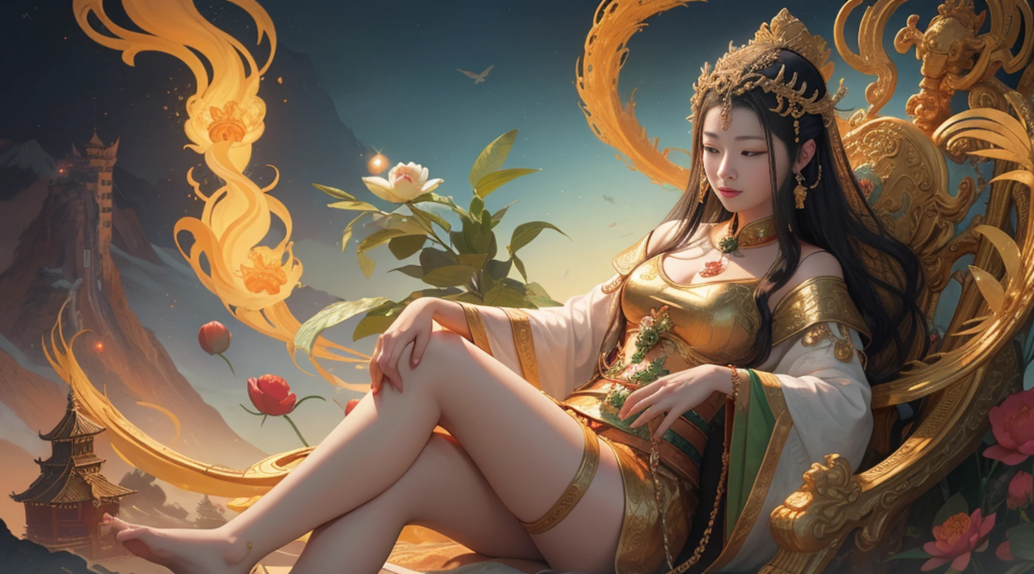 uma antiga deusa chinesa, Guanyin dos Mares do Sul, Guanyin, Inspirado na China, Avalokiteshvara rides a phoenix,,serene expression,Shui Mo Hua,Buda,budista,lotuses,Estilo de pintura chinesa,Estilo Thangka
