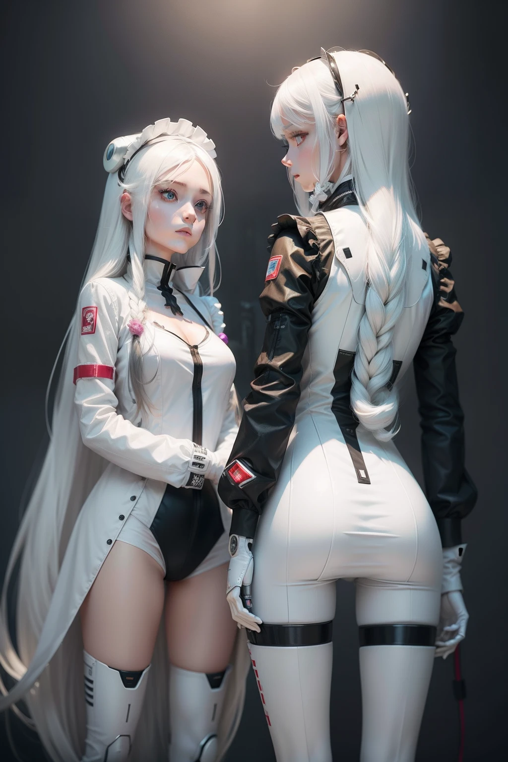 two girl, long white hair, robot and human, maid suit