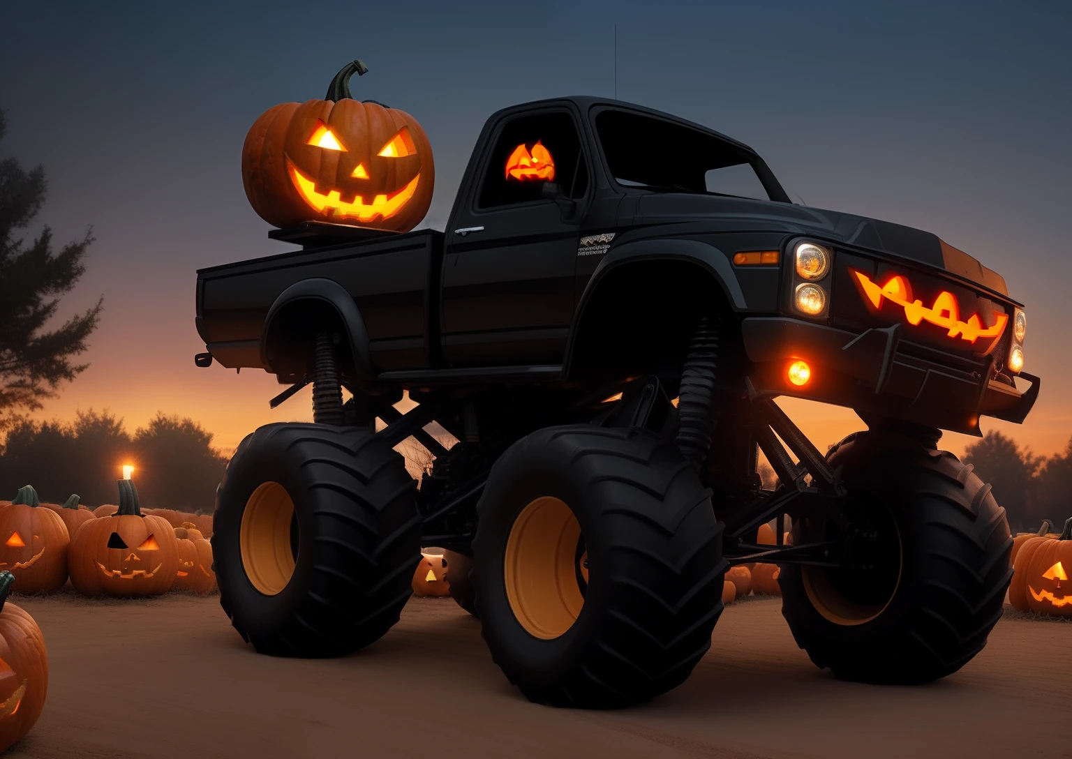 Masterpiece, black monster truck hauling jack o lanterns