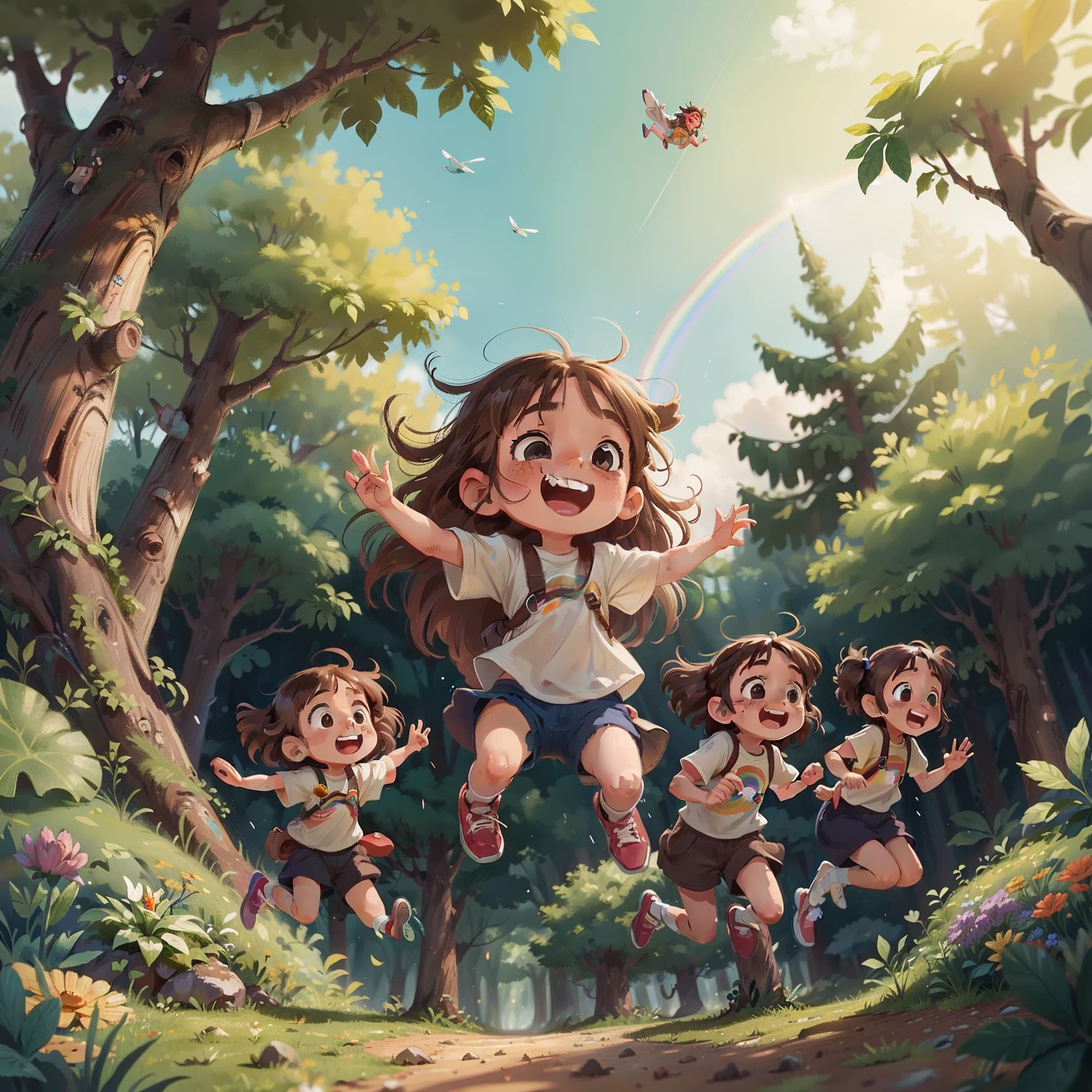 jump on rainbows, Mia is 9 years old and has flowing brown hair, with friends, and play with happy forest creatures.
