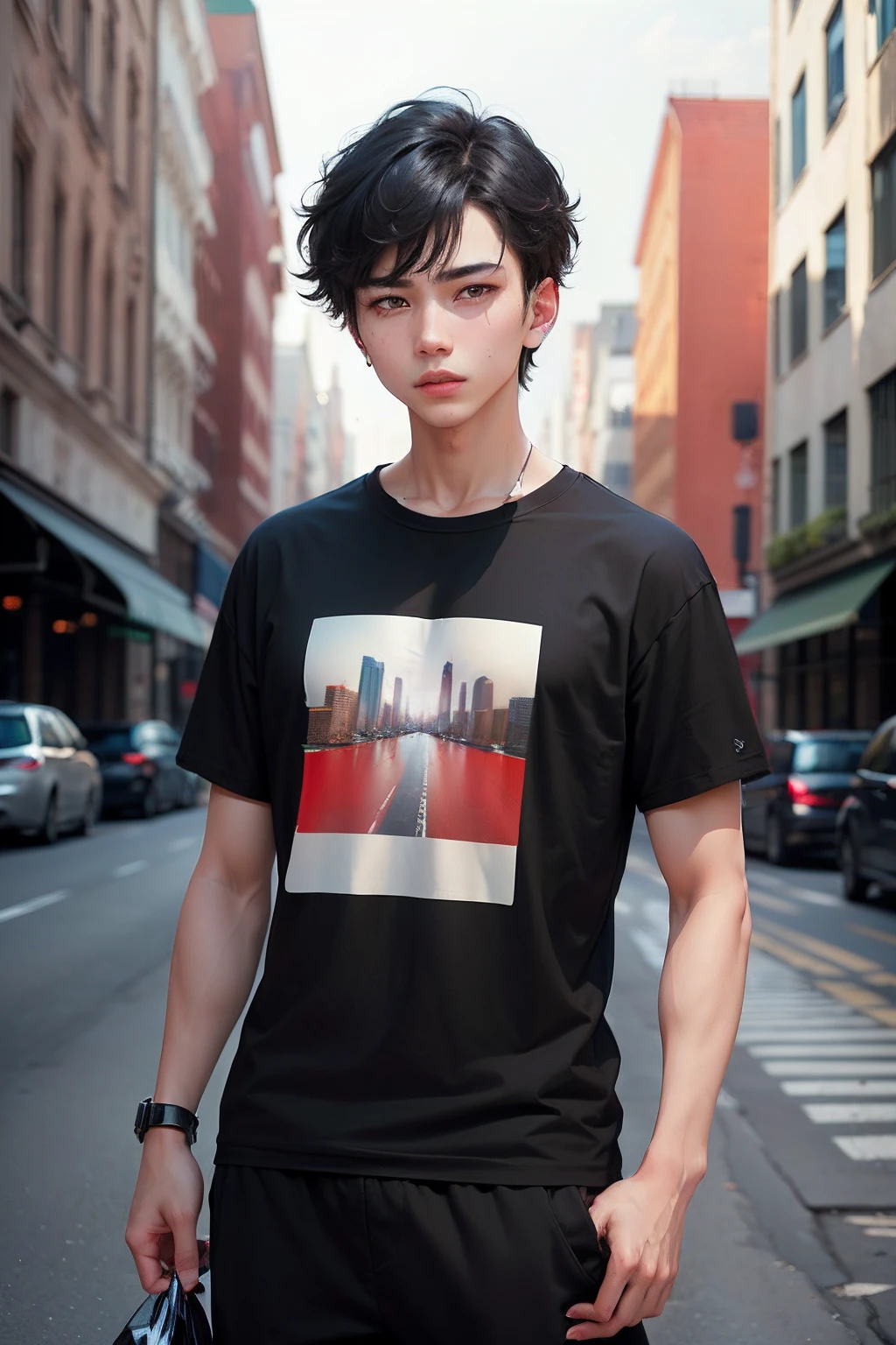 Masterpiece, City, 1boy, Black hair, Red eyes, Gray T-shirt, track pants