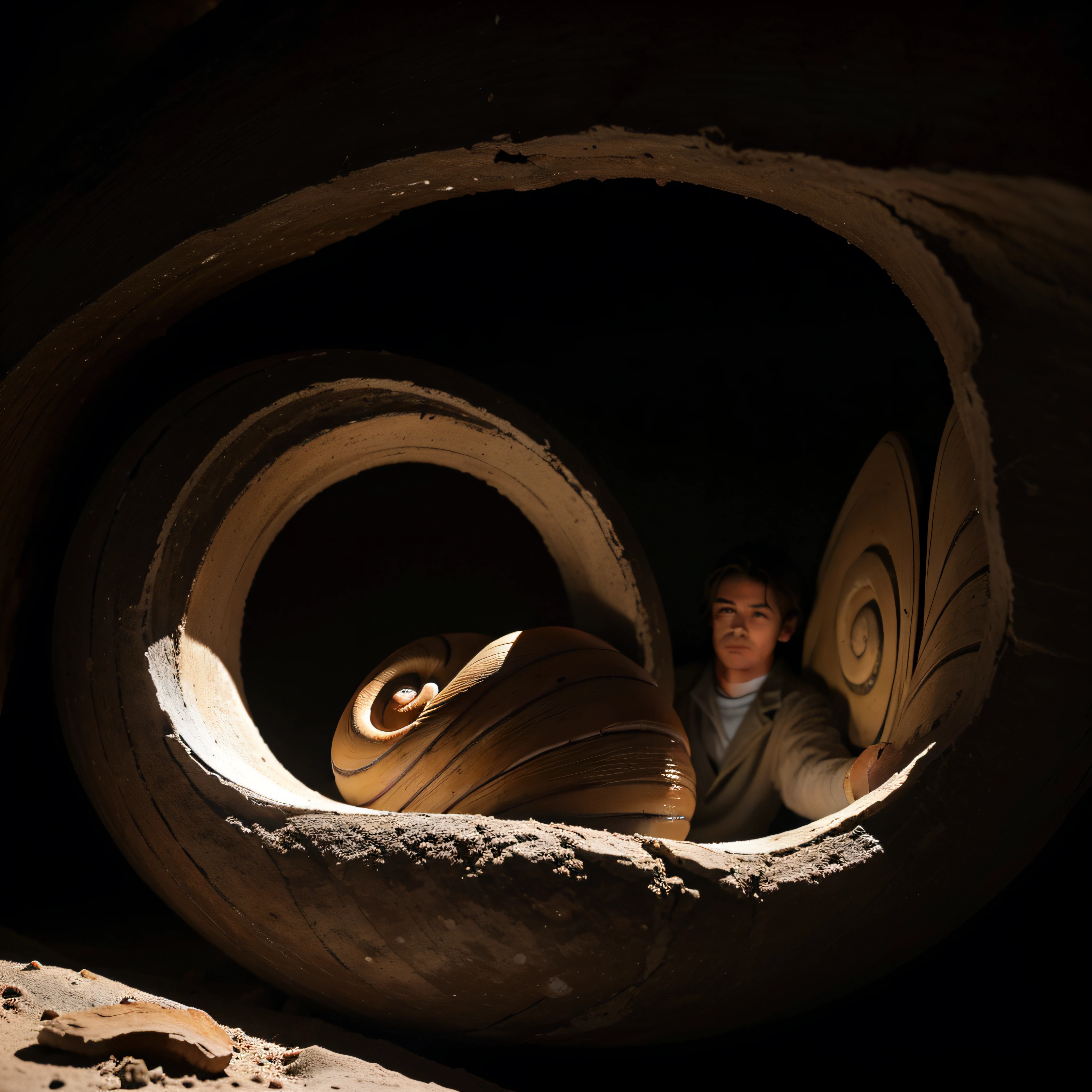 (extremadamente detallado, obra maestra, La mejor calidad, foto antigua, principios de siglo) A man emerges from inside a snail shell, una linterna directa lo ilumina, bosque de noche. plano cercano. sangre por el suelo.