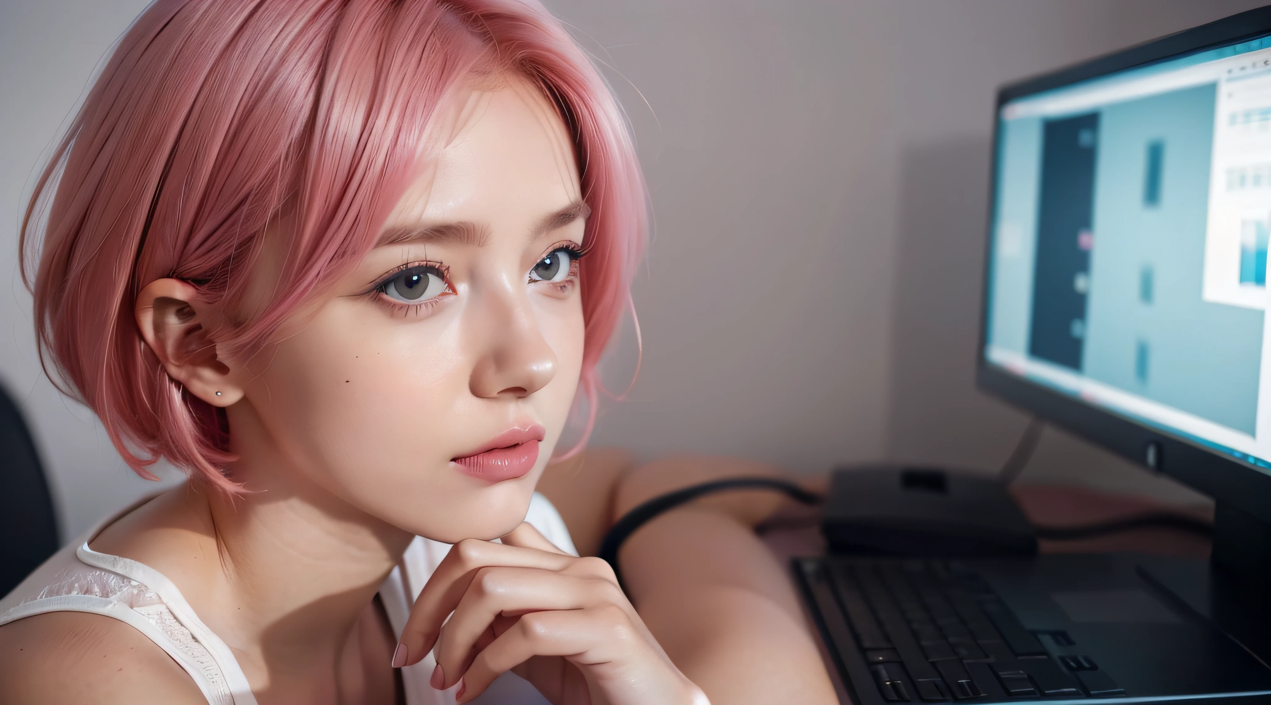 photo of a woman focused on working diligently on a computer , cute girl , with short pink hair, jovana rikalo, full subject shown in photo, professional image , wide portrait, young business woman, with pink hair, high quality portrait , aleksandra waliszewska