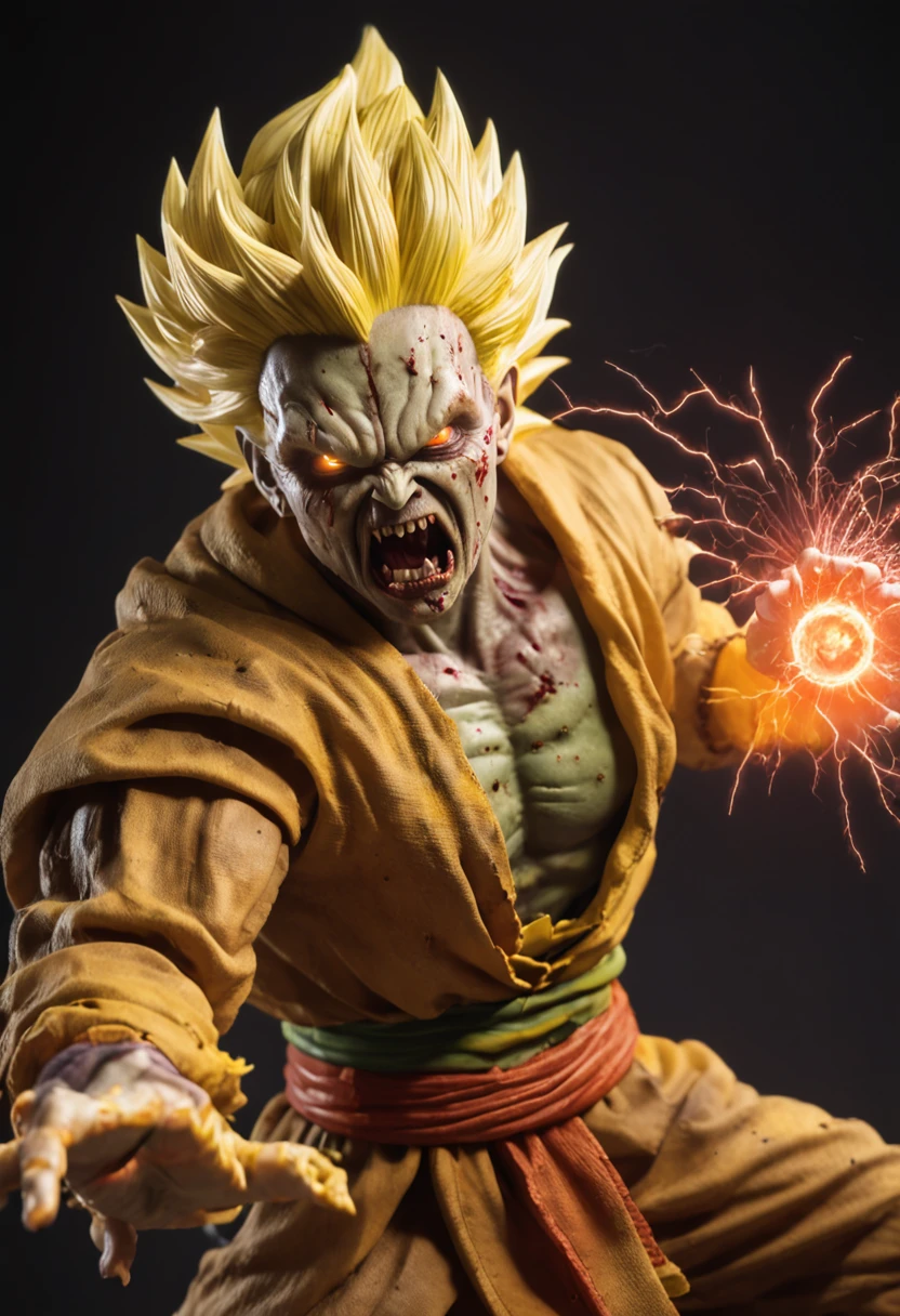 A Super Saiyan Zombie, Yellow Aura, Electric Sparks,  In the middle of a zombie war, Gore, Blood, Blood Sparks, Horror, 12k