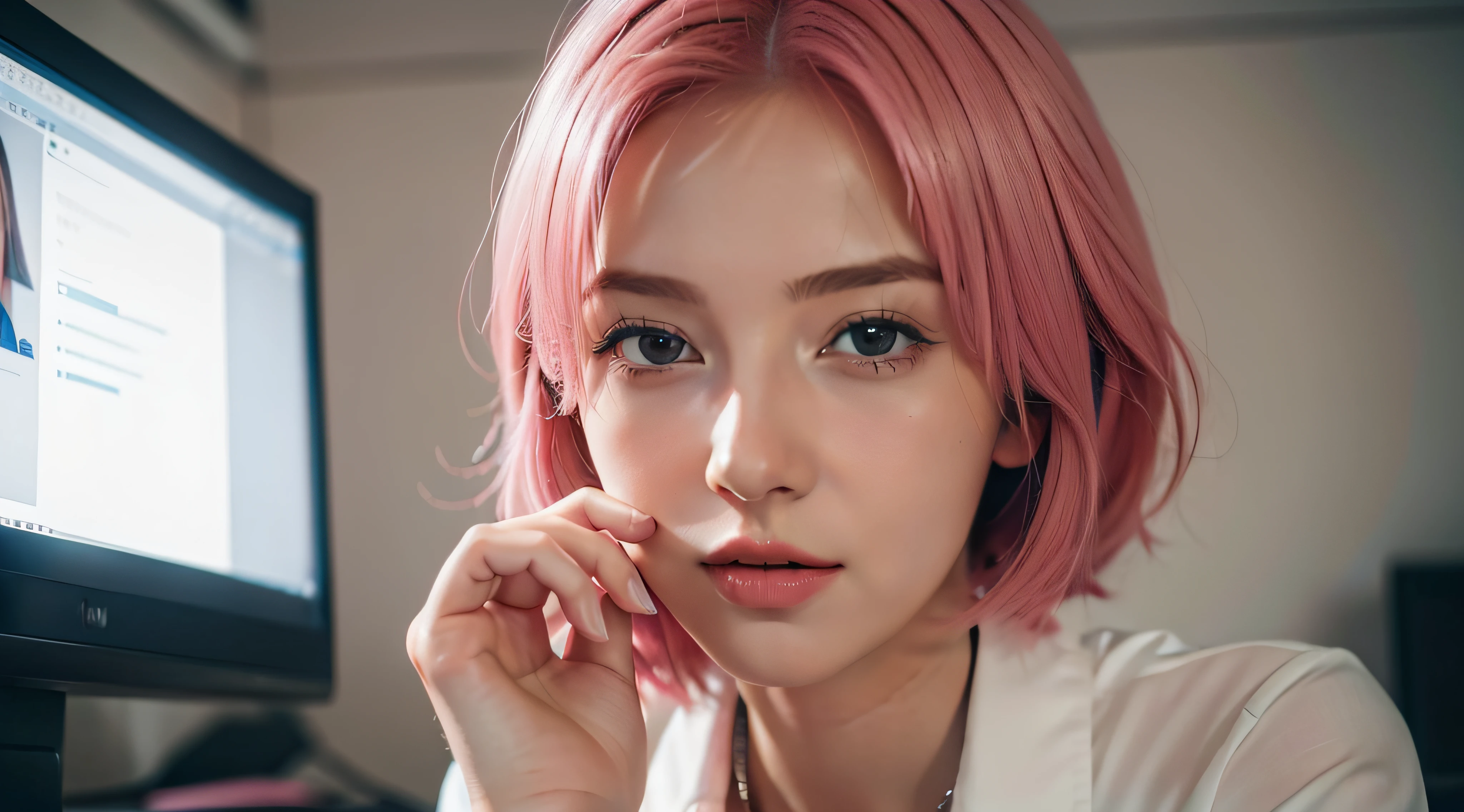 photo of a woman focused on working diligently on a computer , cute girl , with short pink hair, jovana rikalo, full subject shown in photo, professional image , wide portrait, young business woman, with pink hair, high quality portrait , aleksandra waliszewska