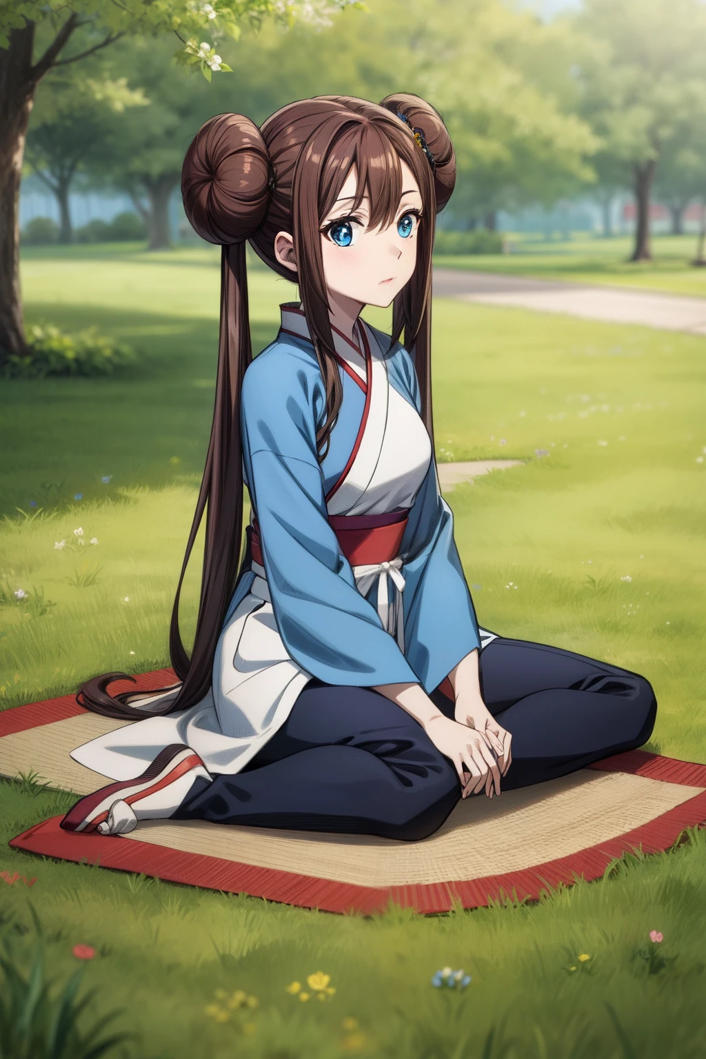 ro1, hair bun, twintails, hair ornament, long hair, blue eyes:1.5, hanfu, tang style, full body, sitting on ground, perfect eyes:1.2, detailed eyes:1.4, masterpiece, best quality,