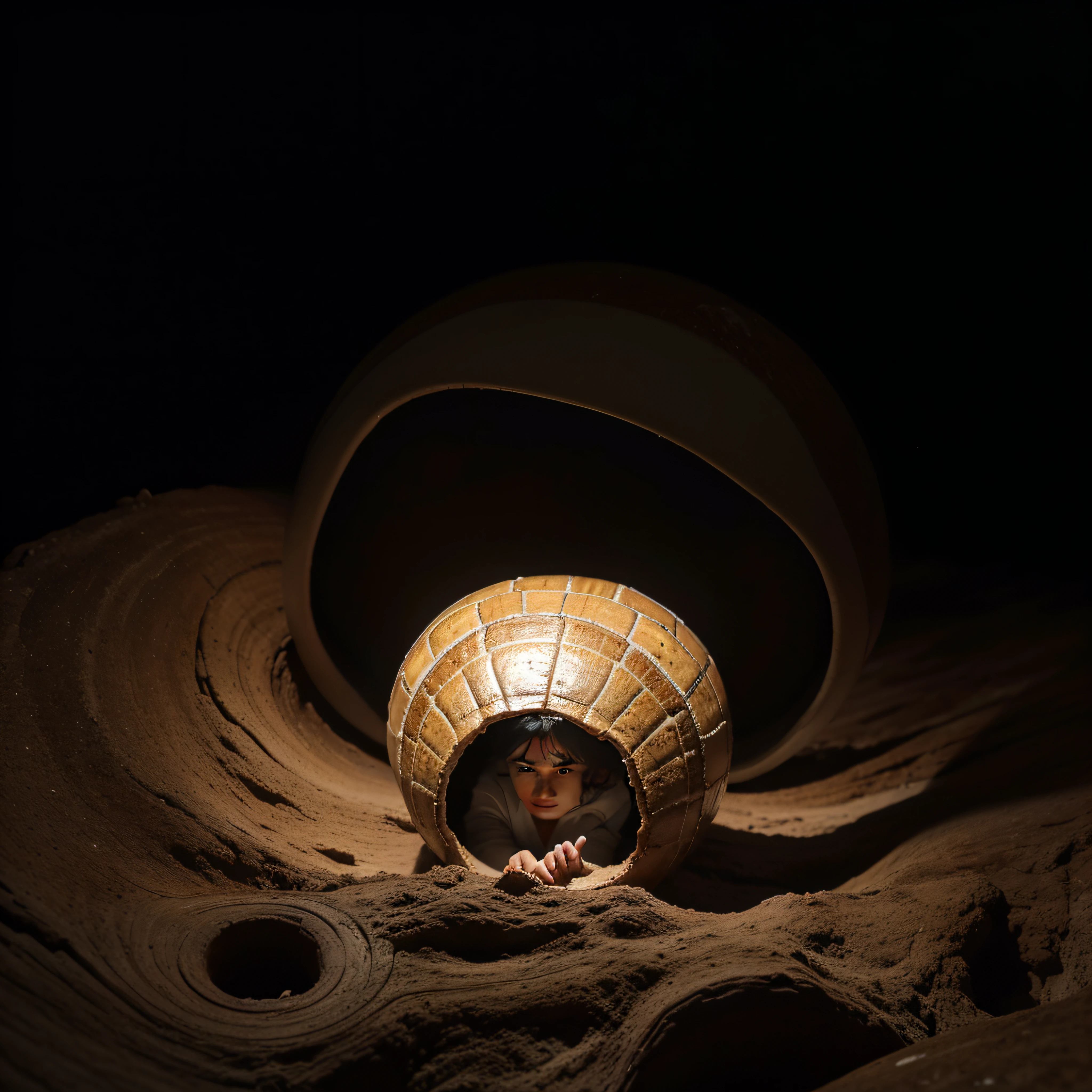 (extremadamente detallado, obra maestra, La mejor calidad, foto antigua, principios de siglo) A man emerges from inside a snail shell, una linterna directa lo ilumina, bosque de noche. plano cercano. sangre por el suelo.