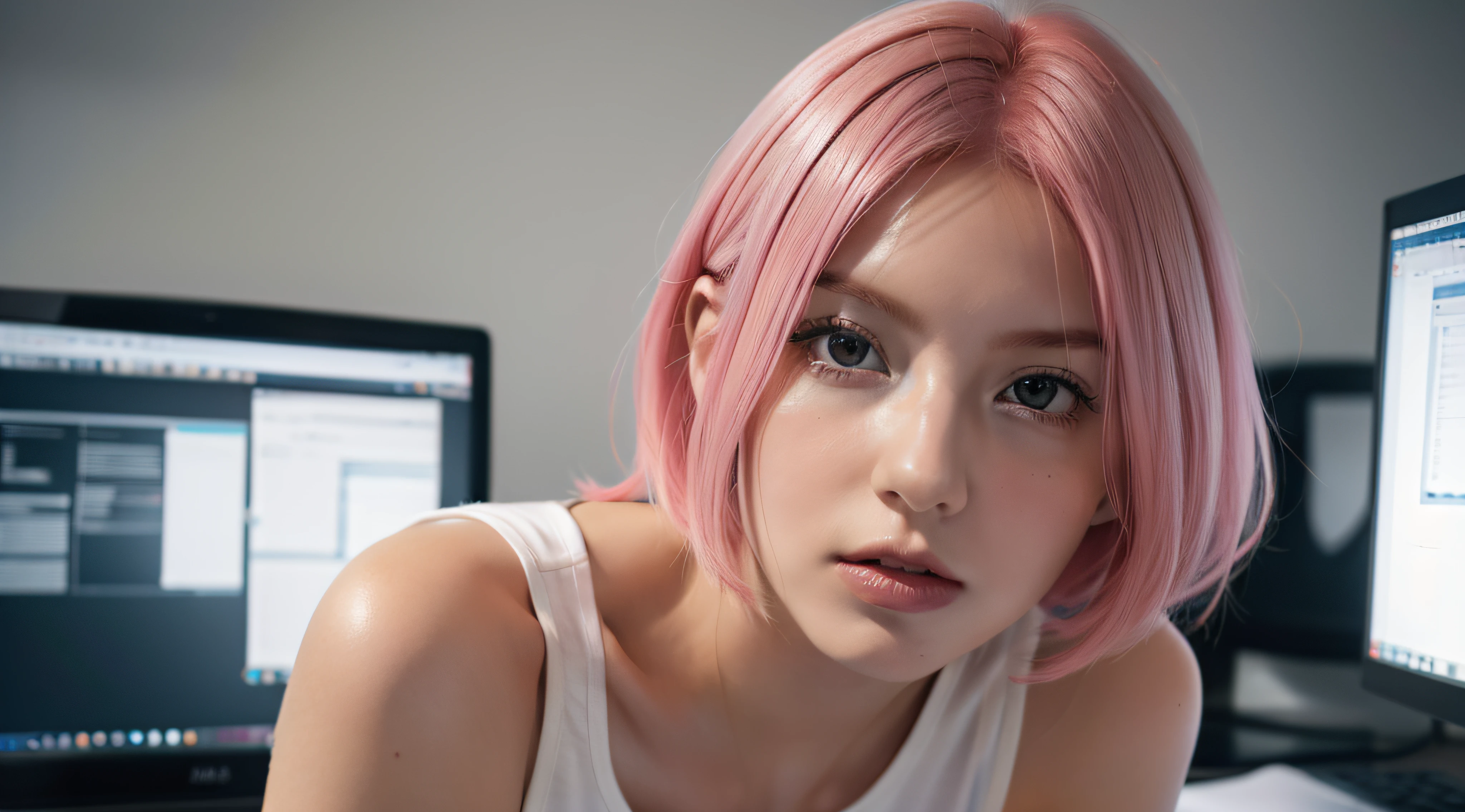 (8k, raw photo), film grain, ultra high res, ultra-detailed, (ultra skin details),photo of a cute woman , neon ambiance , freelancer , gamer , cute girl ,facing computer , looking at computer , thinking, with short pink hair, jovana rikalo, young business woman, with pink hair, high quality portrait , aleksandra waliszewska, outdoors, (luxury dress :1.2), (((city))),(extremely detailed face),