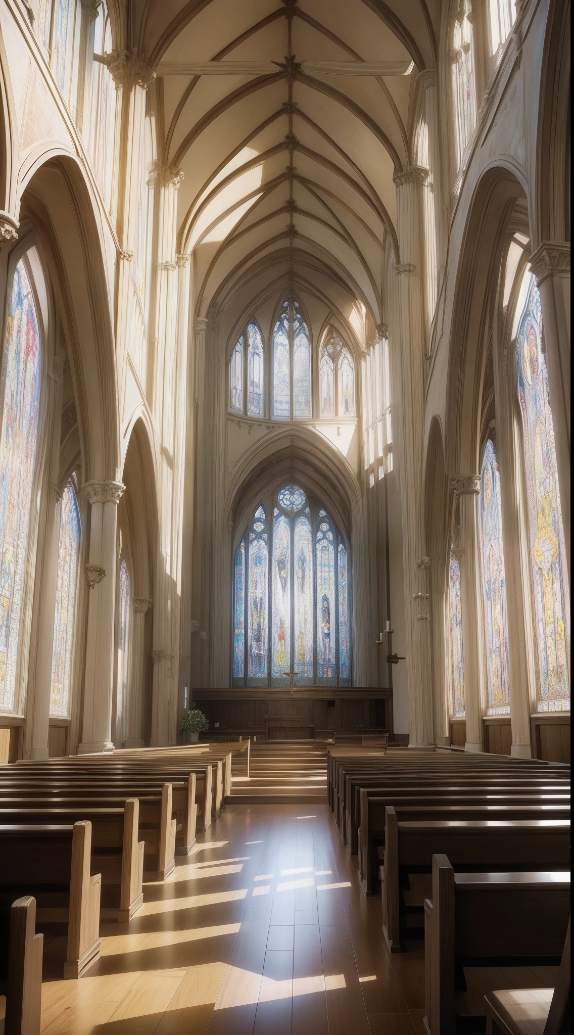 inside church, glass, window,divine, architecture, plars, benchs, wood, detailed,