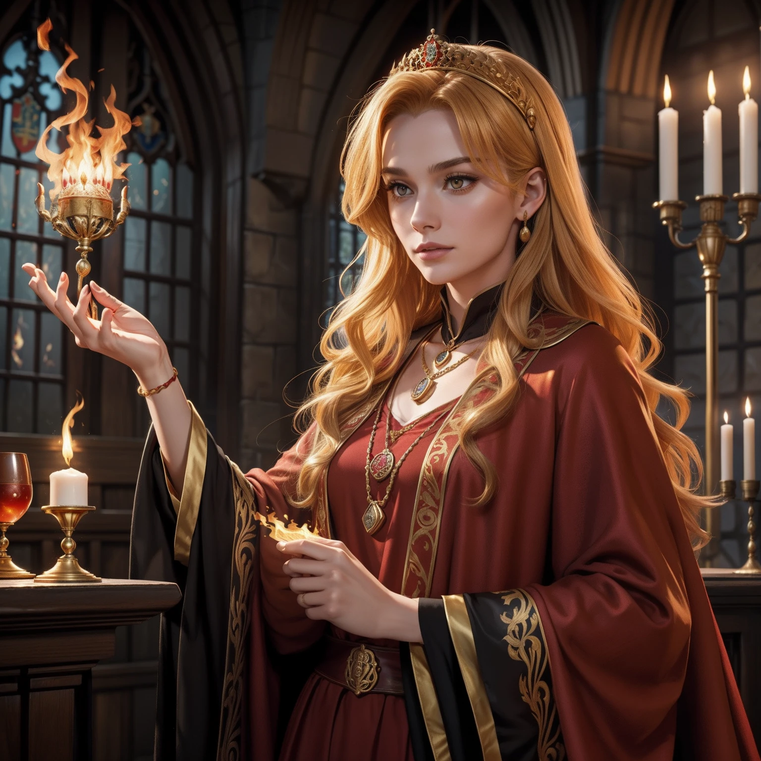 28 Jahre,a beautiful young woman, lange goldene geflochtene Haare, hogwarts haus Griffindor, langer roter Umhang, bare breasts, bare boobs, golden lion necklace around the neck, Hogwarts im Hintergrund, holds red fire in his hand, Hand brennt rot,