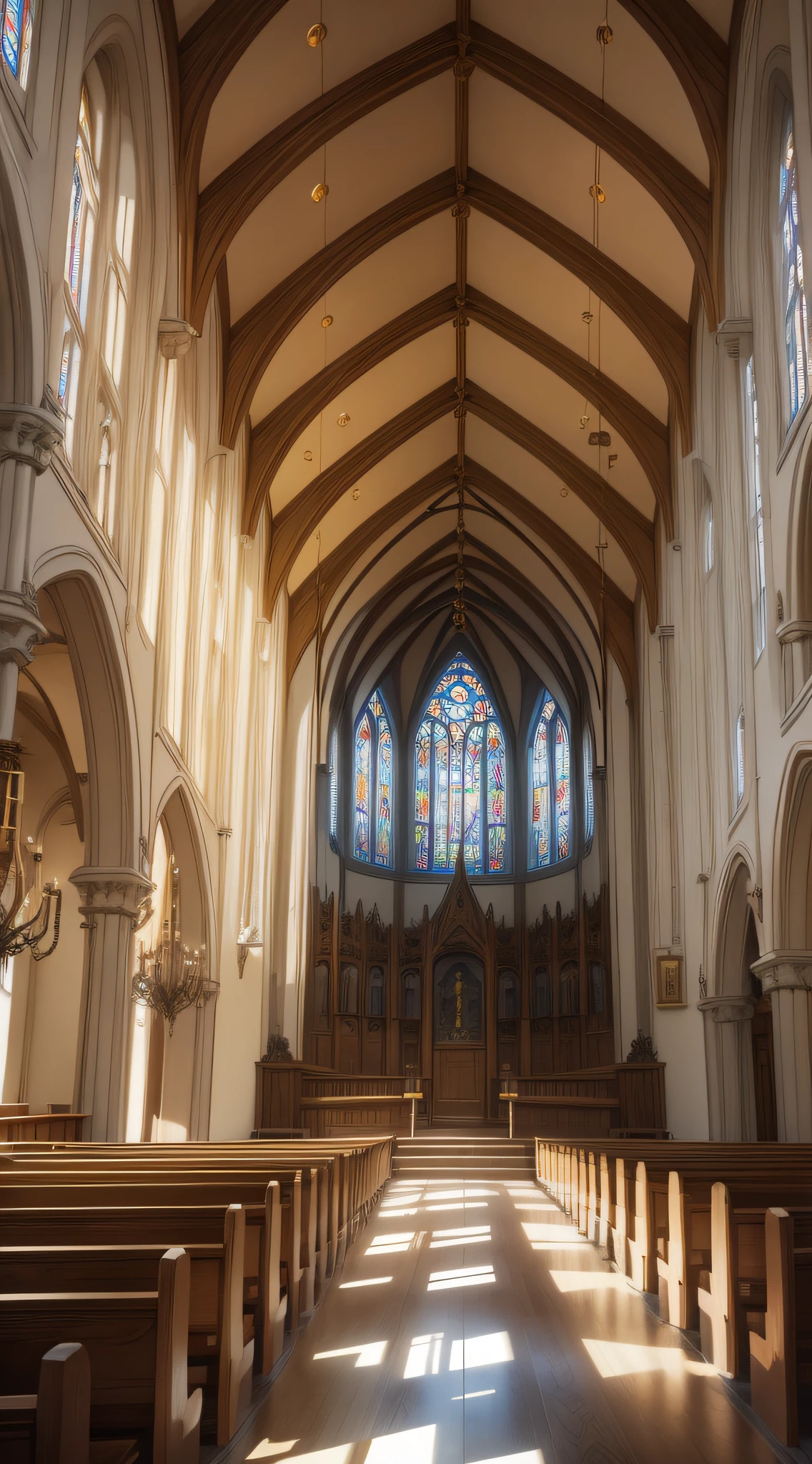 inside church, glass, window,divine, architecture, plars, benchs, wood, detailed,