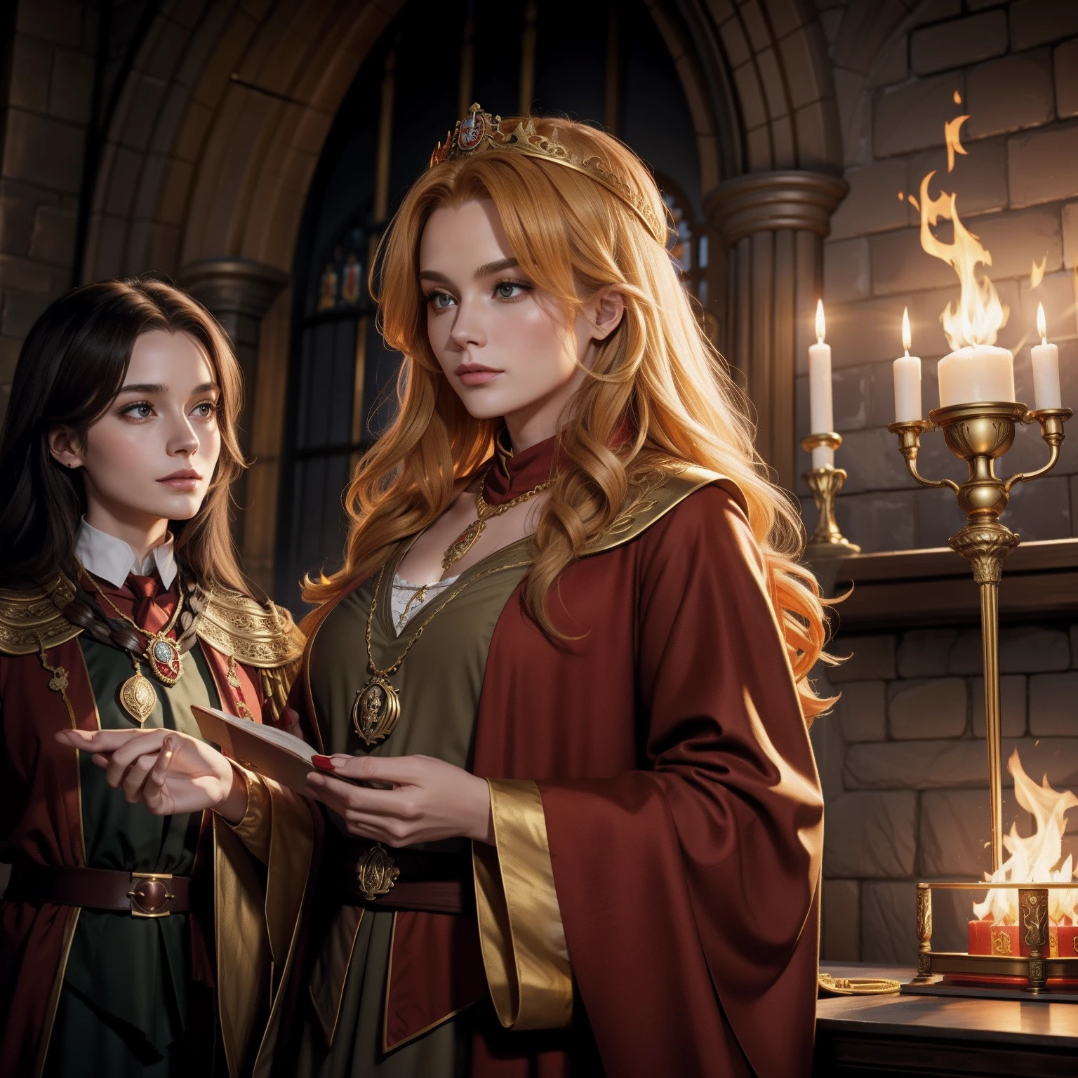 28 Jahre,a beautiful young woman, lange goldene geflochtene Haare, hogwarts haus Griffindor, langer roter Umhang, golden lion necklace around the neck, Hogwarts im Hintergrund, holds red fire in his hand, Hand brennt rot,