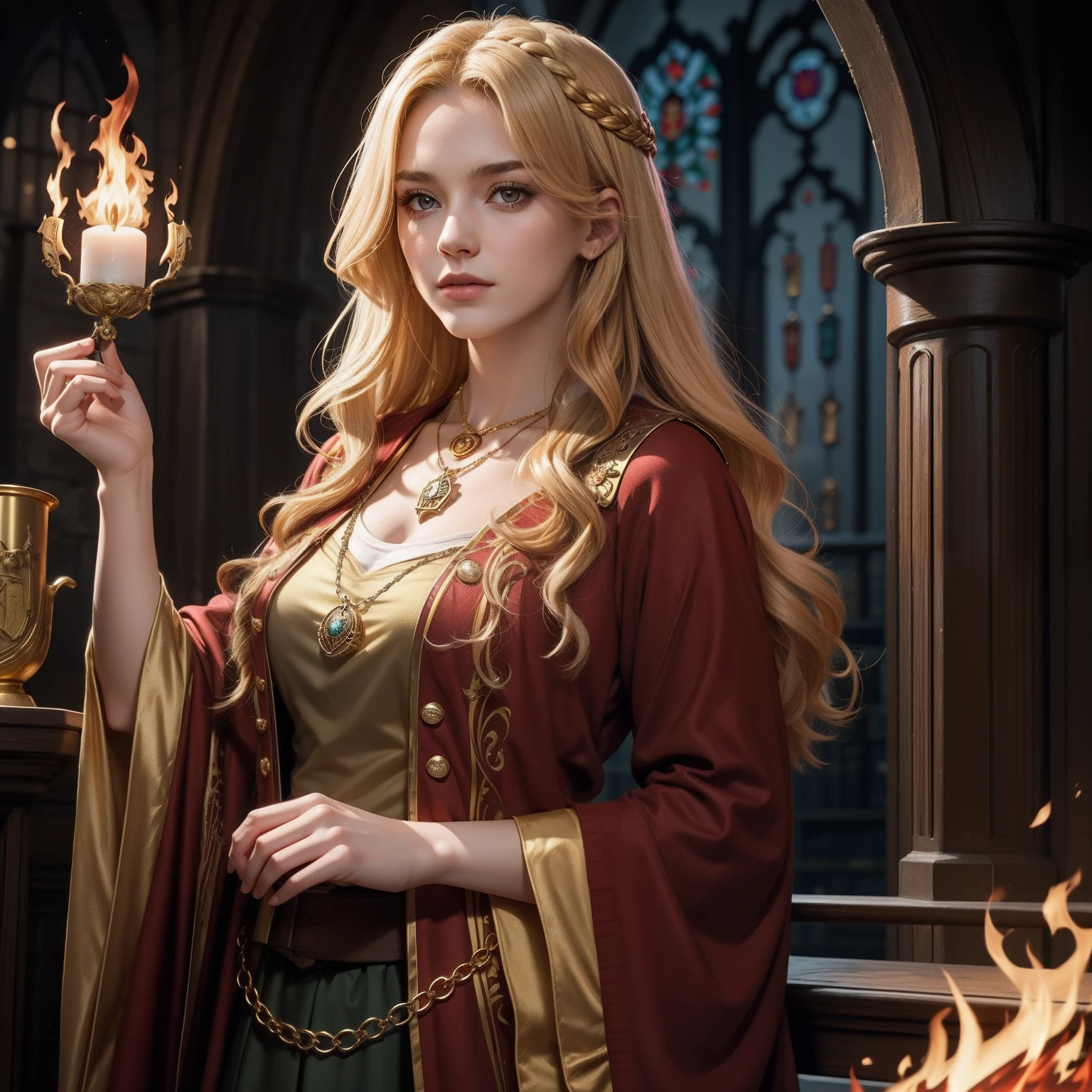 28 Jahre,a beautiful young woman, lange goldene geflochtene Haare, hogwarts haus Griffindor, langer roter Umhang, golden lion necklace around the neck, Hogwarts im Hintergrund, holds red fire in his hand, Hand brennt rot,