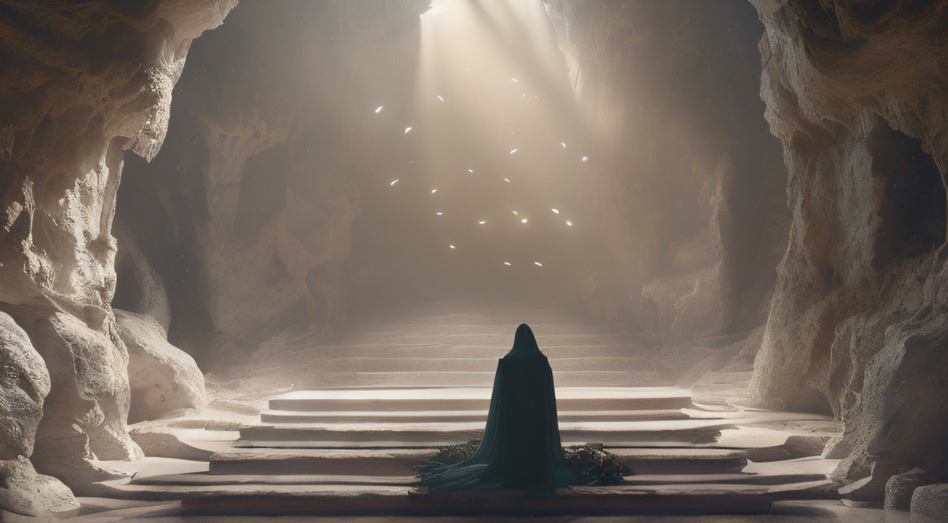 There is a woman standing in a cave with stairs, a still of an ethereal, unreal engine render + uma deusa, em um altar antigo, dramatic lighting. arte conceitual, pintura fosca da mente humana, dentro de seu templo, ainda de um filme de fantasia, elegant cinematic fantasy art, dramatic lights spiritual scene, Yuri Shwedoff e Tom Bagshaw, cinematic beeple