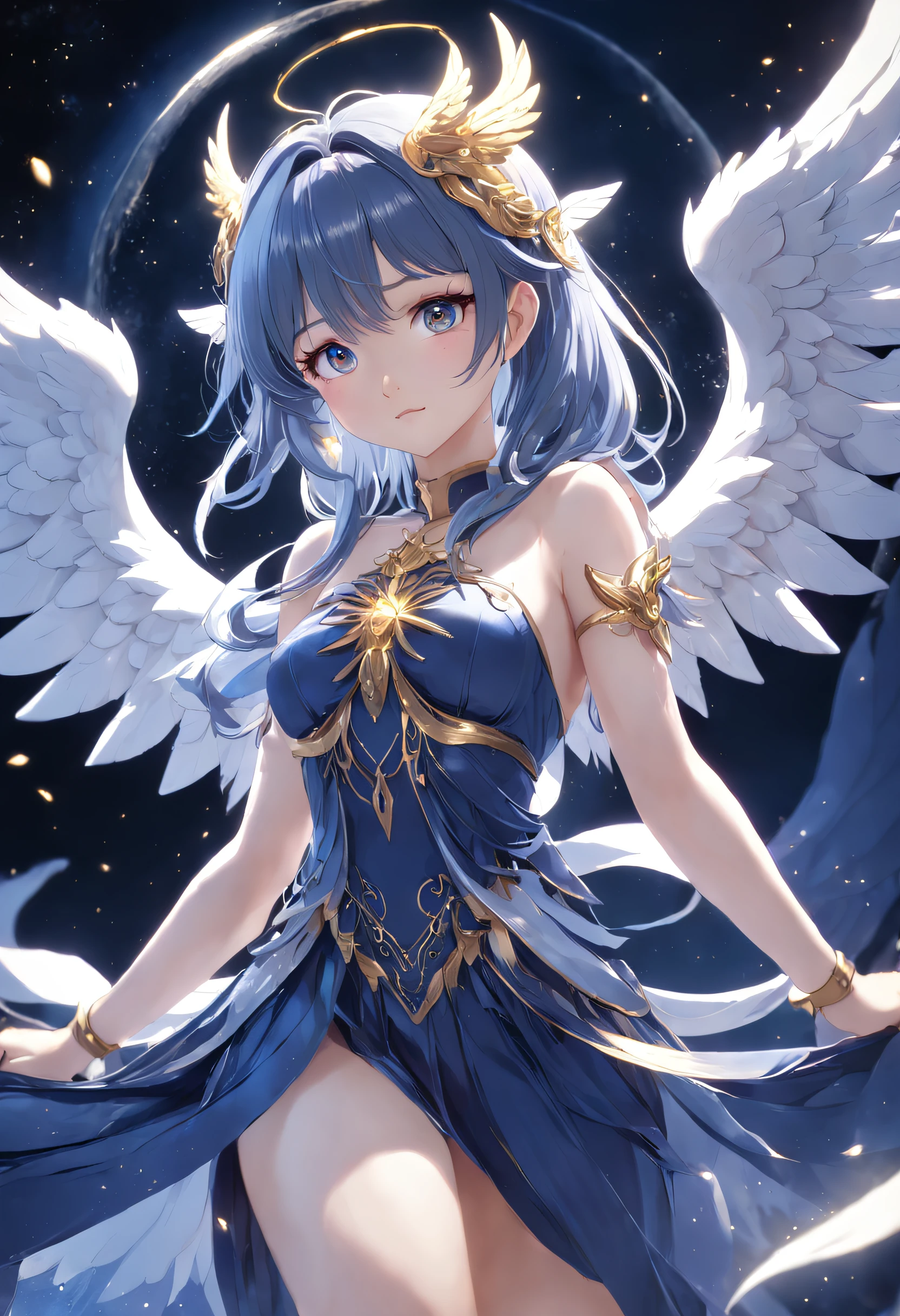 Adorned young goddess of the moon in a sparkling dark blue fantasy moon scarmor with wings and gentle facial features, white glowing angel wings, helle Lichter und Funken, Anime Goddess, Unreal-Engine-Rendering + a goddess, 3-D-Rendercharakter Kunst 8 K, render of a cute 3d anime girl, Artgerm, 3D-Unreal-Engine, Anime sehr detailliert, 8k hochwertige detaillierte Kunst, Goddess. Extrem hohe Detailgenauigkeit, photorealistic anime girl render, Goddess of Light,