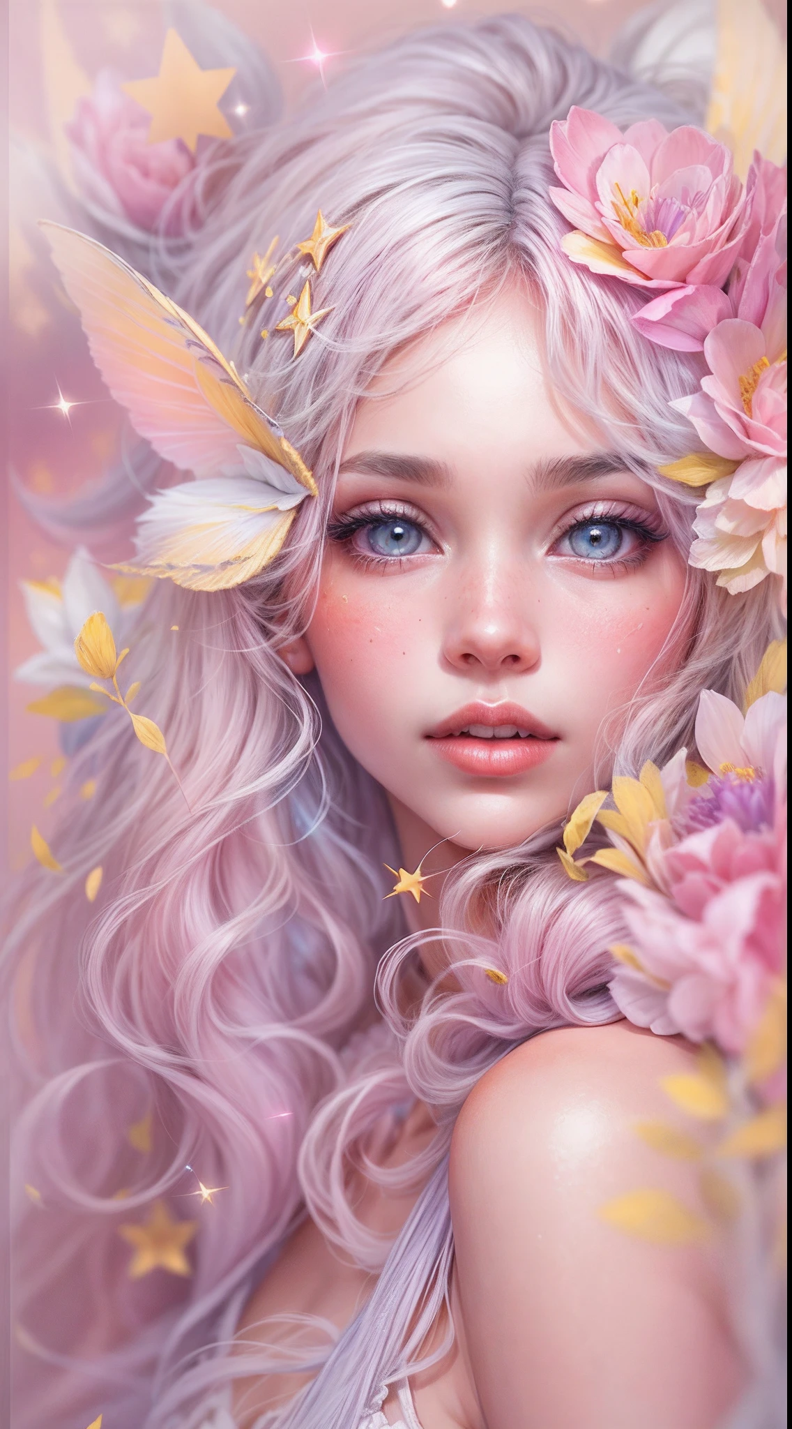 ((obra maestra)). Esta obra de arte es dulce, Dreamy, and ethereal, With soft shades of pink watercolor and many ornate cotton candy accents. Intimate Wear, Generar un fae delicado y recatado explorando un (Mundo Bubblegum con una amplia variedad de tonos pastel).(Flotando bajo) ,Su dulce rostro es extremadamente detallado y realista con rasgos elegantes., Una boca perfecta con labios hinchados y besables, y parece que ((((un elegante Micarah Tewers)))). Sus labios son de un tono rosado uniforme. Includes mature and impressive features, Ojos altamente realistas. Sus ojos son importantes y deben ser realistas, Altamente detallado, y hermoso. In high definition and detail, Incluye muchos detalles como estrellas, galaxias, burbujas de colores, colorful petals, goteo de pintura brillante, Iridiscencia, and lots of energy and excitement. Las estrellas y las coloridas burbujas de chicle son importantes! Includes fantasy details, Detalles mejorados, Iridiscencia, Viento colorido y brillante, y polen. Pay special attention to your face and make sure it is beautifully detailed and realistic.... camera: This art is dreamy and ethereal and the camera should emphasize those traits....... Crea algo que sea sorprendentemente hermoso con tonos de hadas. Use dynamic composition techniques.