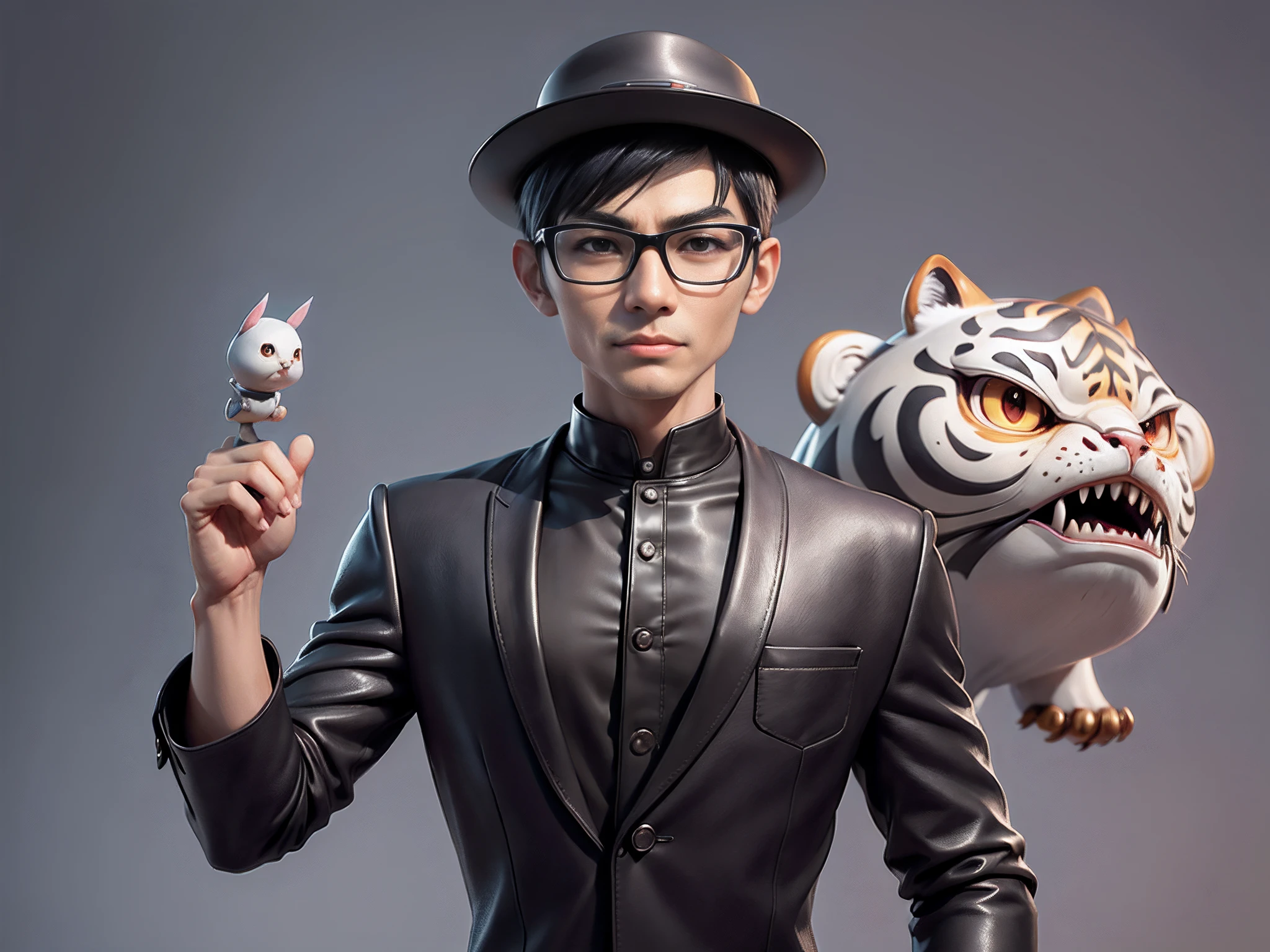 Young man with oriental face in leather hat, tiger, oriental face in formal suit, short black hair, silver glasses, digital painting, 3D character design by Mark Clairedon and Pixar and Hayao Miyazaki and Akira Toriyama, the illustration is a high-definition illustration in 4K resolution with very detailed facial features and cartoon-style visuals.
