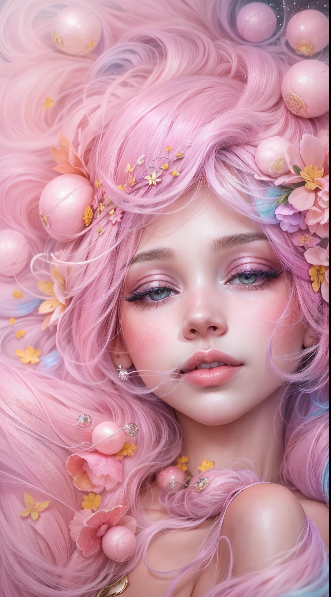 ((obra maestra)). Esta obra de arte es dulce, Dreamy, and ethereal, With soft shades of pink watercolor and many ornate cotton candy accents. Intimate Wear, Generar un fae delicado y recatado explorando un (Mundo Bubblegum con una amplia variedad de tonos pastel).(Flotando bajo) ,Su dulce rostro es extremadamente detallado y realista con rasgos elegantes., Una boca perfecta con labios hinchados y besables, y parece que ((((un elegante Micarah Tewers)))). Sus labios son de un tono rosado uniforme. Includes mature and impressive features, Ojos altamente realistas. Sus ojos son importantes y deben ser realistas, Altamente detallado, y hermoso. In high definition and detail, Incluye muchos detalles como estrellas, galaxias, burbujas de colores, colorful petals, goteo de pintura brillante, Iridiscencia, and lots of energy and excitement. Las estrellas y las coloridas burbujas de chicle son importantes! Includes fantasy details, Detalles mejorados, Iridiscencia, Viento colorido y brillante, y polen. Pay special attention to your face and make sure it is beautifully detailed and realistic.... camera: This art is dreamy and ethereal and the camera should emphasize those traits....... Crea algo que sea sorprendentemente hermoso con tonos de hadas. Use dynamic composition techniques.