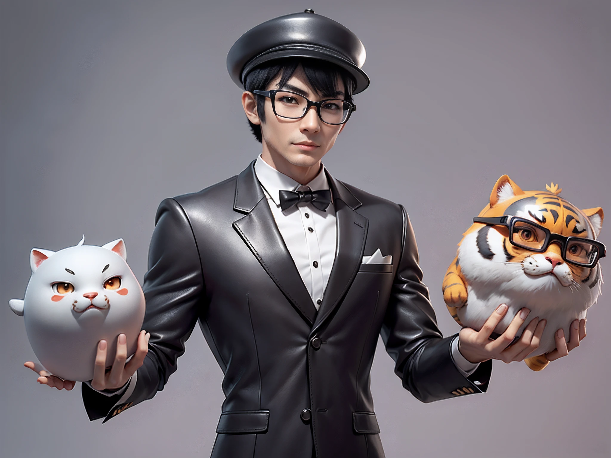 Young man with oriental face in leather hat, tiger, oriental face in formal suit, short black hair, silver glasses, digital painting, 3D character design by Mark Clairedon and Pixar and Hayao Miyazaki and Akira Toriyama, the illustration is a high-definition illustration in 4K resolution with very detailed facial features and cartoon-style visuals.