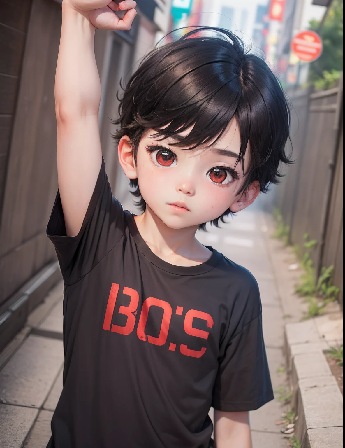 younge boy，Shota，adolable，1boy, Black hair, Red eyes, Gray T-shirt, track pants