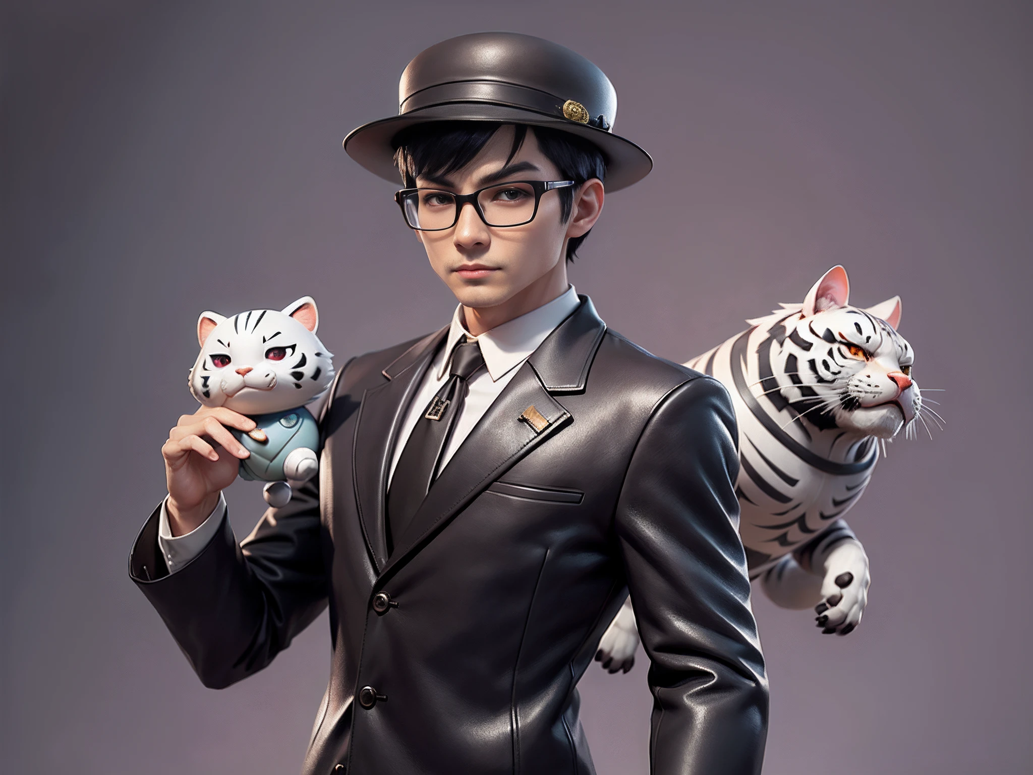 Young man with oriental face in leather hat, tiger, oriental face in formal suit, short black hair, silver glasses, digital painting, 3D character design by Mark Clairedon and Pixar and Hayao Miyazaki and Akira Toriyama, the illustration is a high-definition illustration in 4K resolution with very detailed facial features and cartoon-style visuals.