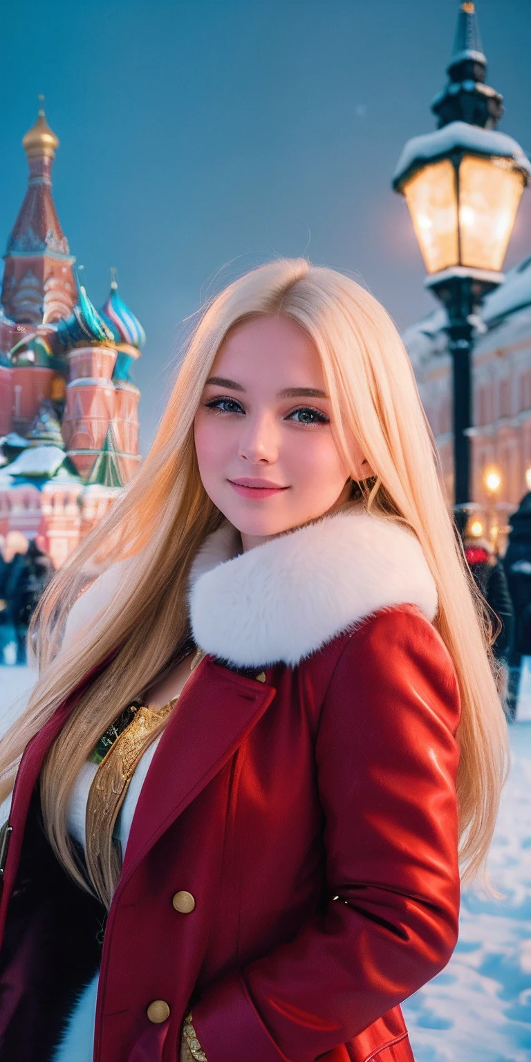 Photo of a 20-year-old Russian girl, Raw beautiful Russian woman, (Blonde with long straight hair), ((Portrait)), ((Detailed face:1.2)), ((detailed facial features)), (finely detailed skin), pale skin,Clothes with fluffy cleavage visible、A sexy(cold color), moist, Reflectors, (masutepiece) (perfectly proportions)(photos realistic)(Best Quality) (Detailed) photographed in a Canon EOS R5, 50mm Lens, F/2.8, nffsw, (Grinning)Smiled、 (Wallpaper) (Cinematic lighting) (Dramatic Lighting) (foco nítido) (Convoluted) Standing in a fur coat、moscow、Red Square、nighttime scene、Full Body Photo Standing、Fashion show Moscow、Light up Vasilii Cathedral