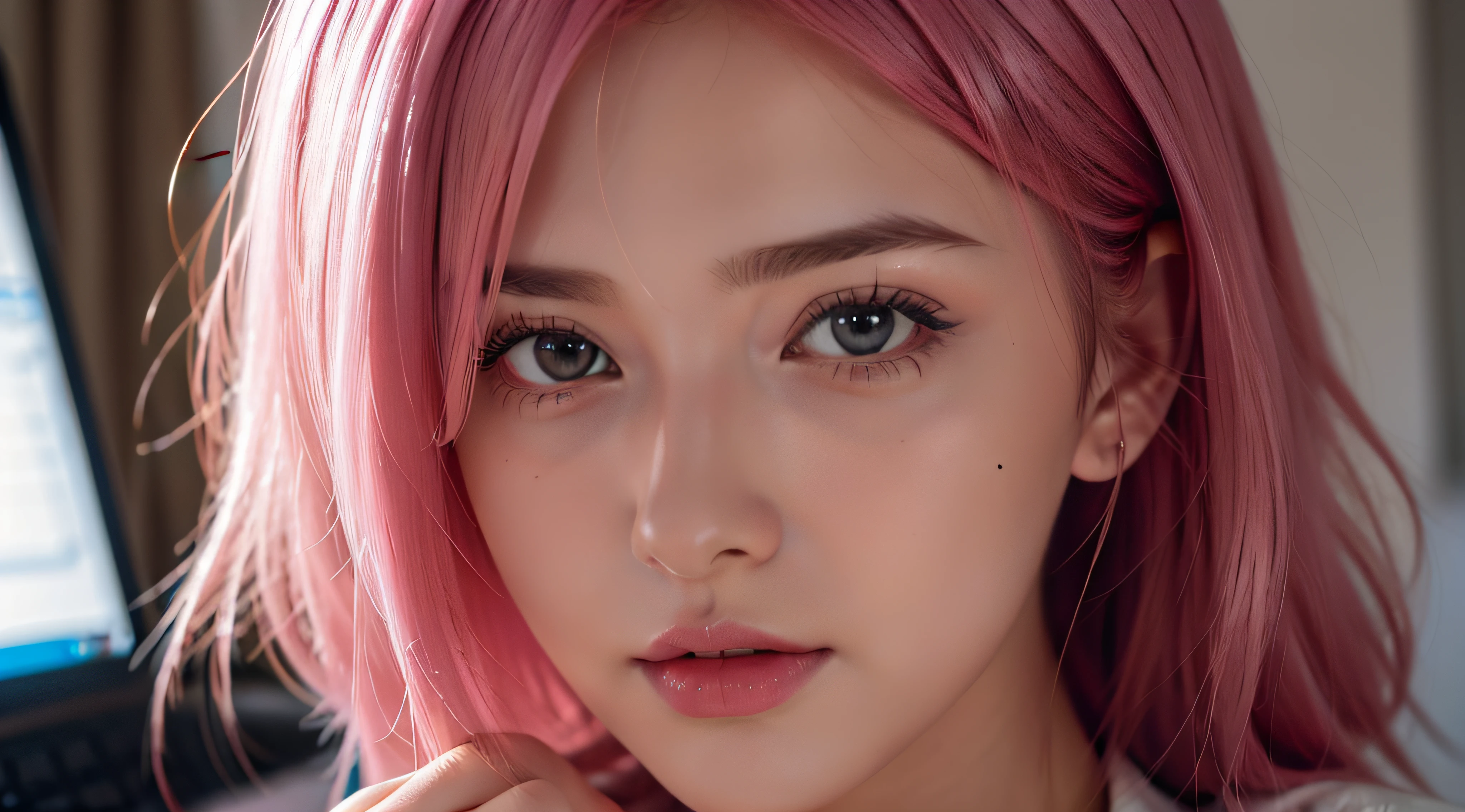photo of a woman focused on working diligently on a computer , cute girl ,facing computer , looking at computer , thinking,  with short pink hair, jovana rikalo, full subject shown in photo, professional image , wide portrait, young business woman, with pink hair, high quality portrait , aleksandra waliszewska