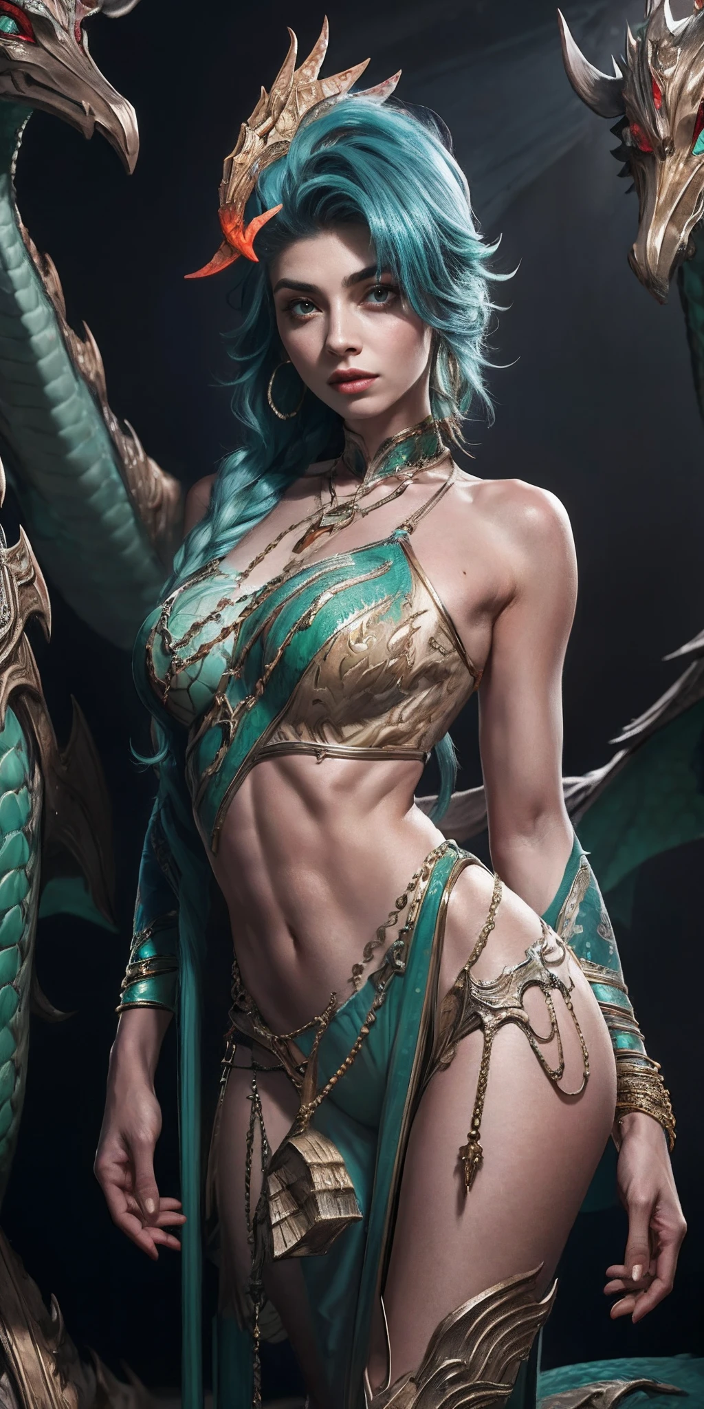 ((Tall girl reciting mantras)), peeking out from under his forehead, BREAK, (Fog in the background, Chaos, destruction, Gold Chains, Blood and sand), (Slim_thights:1.3), ((big breastes)), Slender_thights, aqua hair, 1girl, 独奏, (shapely body:1.4), generous cleavage, Skinny,  detailed anatomy, the perfect body, Detailed body, detailized face, Beautiful anatomical eyes. BREAK Kaisa Dragon Lagoon,  The BREAK is very detailed, Intricately detailed art, Artstation's Detailed Triadic Color Trend in Unreal Engine 5, 8K resolution, deviantart masterpiece.