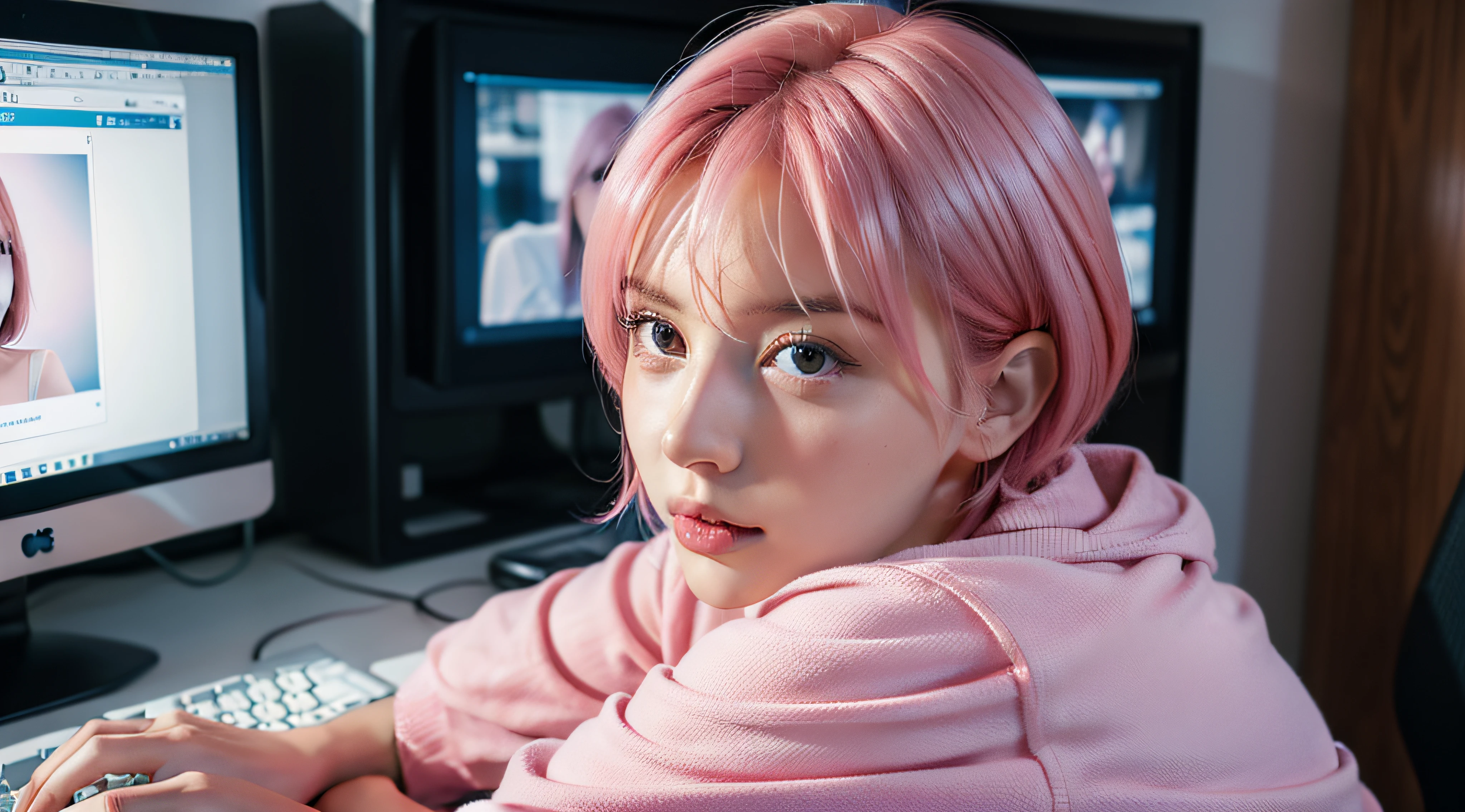 photo of a woman focused on working diligently on a computer , cute girl ,facing computer , looking at computer , thinking,  with short pink hair, jovana rikalo, full subject shown in photo, professional image , wide portrait, young business woman, with pink hair, high quality portrait , aleksandra waliszewska