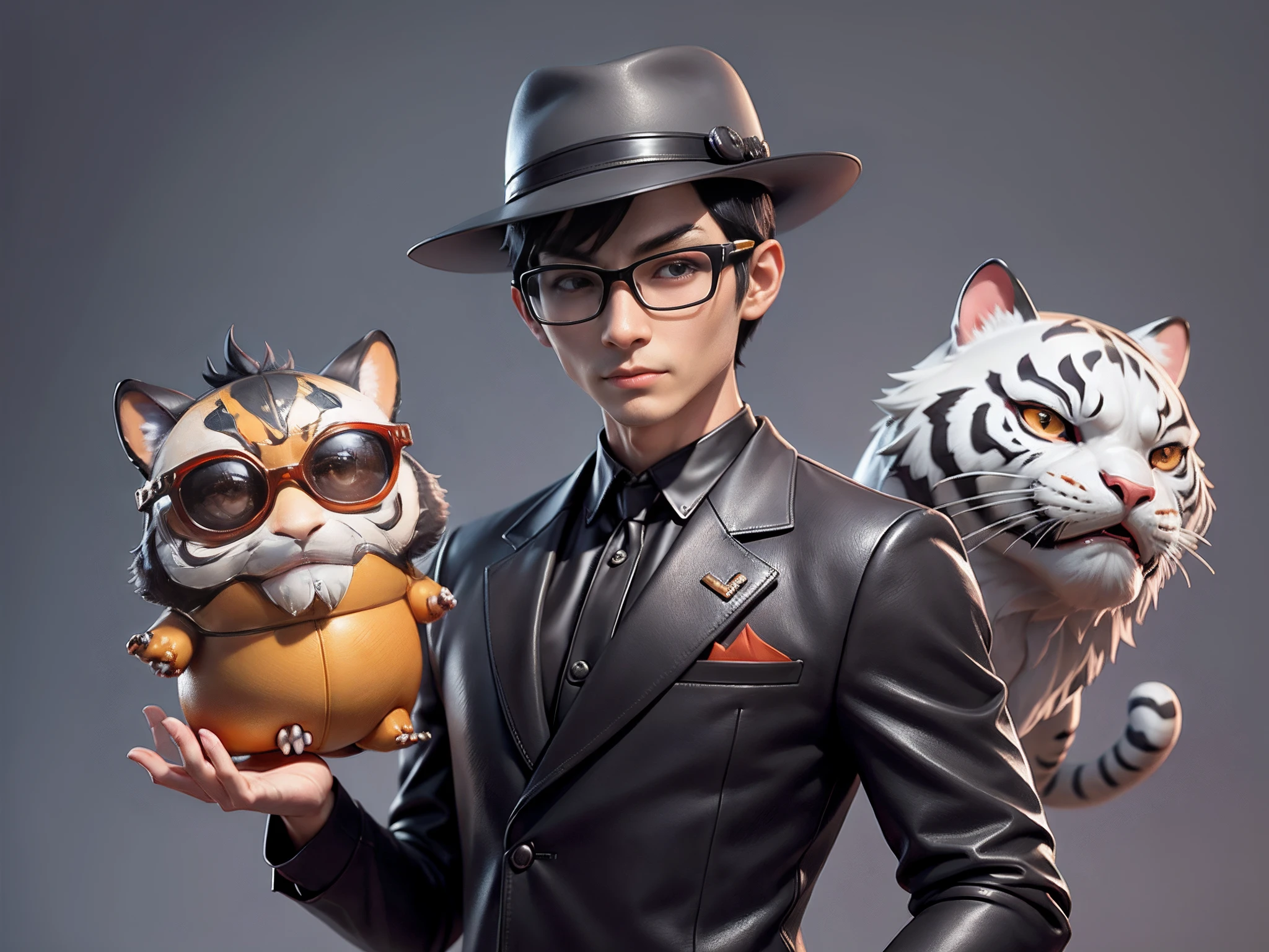 Young man with oriental face in leather hat, tiger, oriental face in formal suit, short black hair, silver glasses, digital painting, 3D character design by Mark Clairedon and Pixar and Hayao Miyazaki and Akira Toriyama, the illustration is a high-definition illustration in 4K resolution with very detailed facial features and cartoon-style visuals.