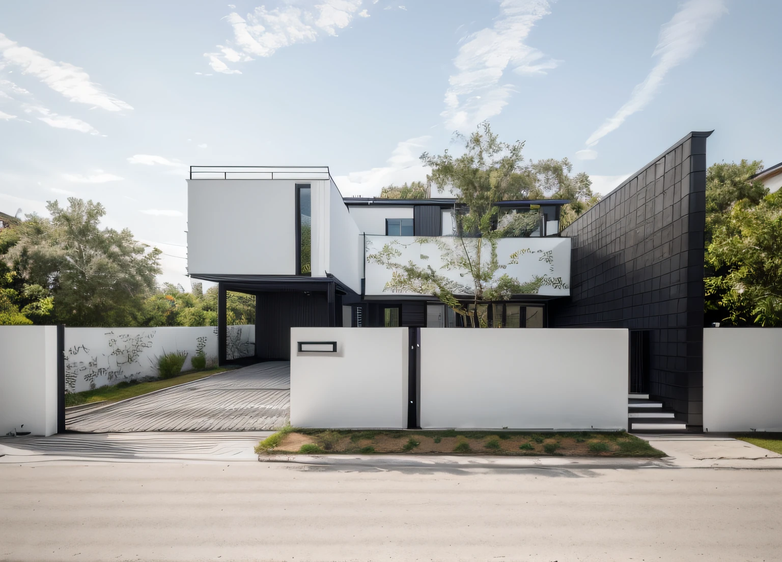 RAW photo,Masterpiece, high quality, best quality, authentic, super detail,
exterior, outdoors, house style modern on the street ,( white painted wall:1.1), (black brick wall:0.9), glass windows,trees, beautiful sky,
minimalist modern lines,
(day:1.1), vivid colour, vray