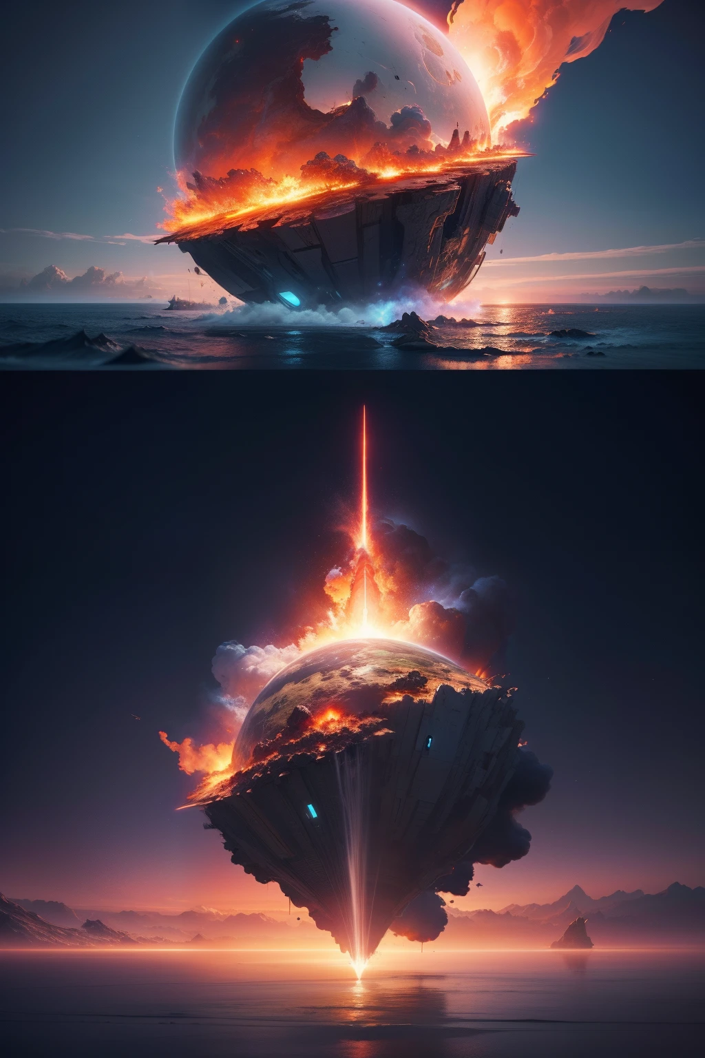 A very dynamic scene. A huge spaceship crashes into a small island. Earth in different directions, Splashes, fire, smoke (Digital art styles), digital art, epic scene, Super realistic, cinematic. Blurred background, light haze.