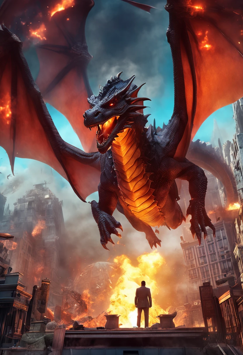 a dragon comes down from a UFO flying plate and wants to destroy the sins city with an open mouth of fire and smoke