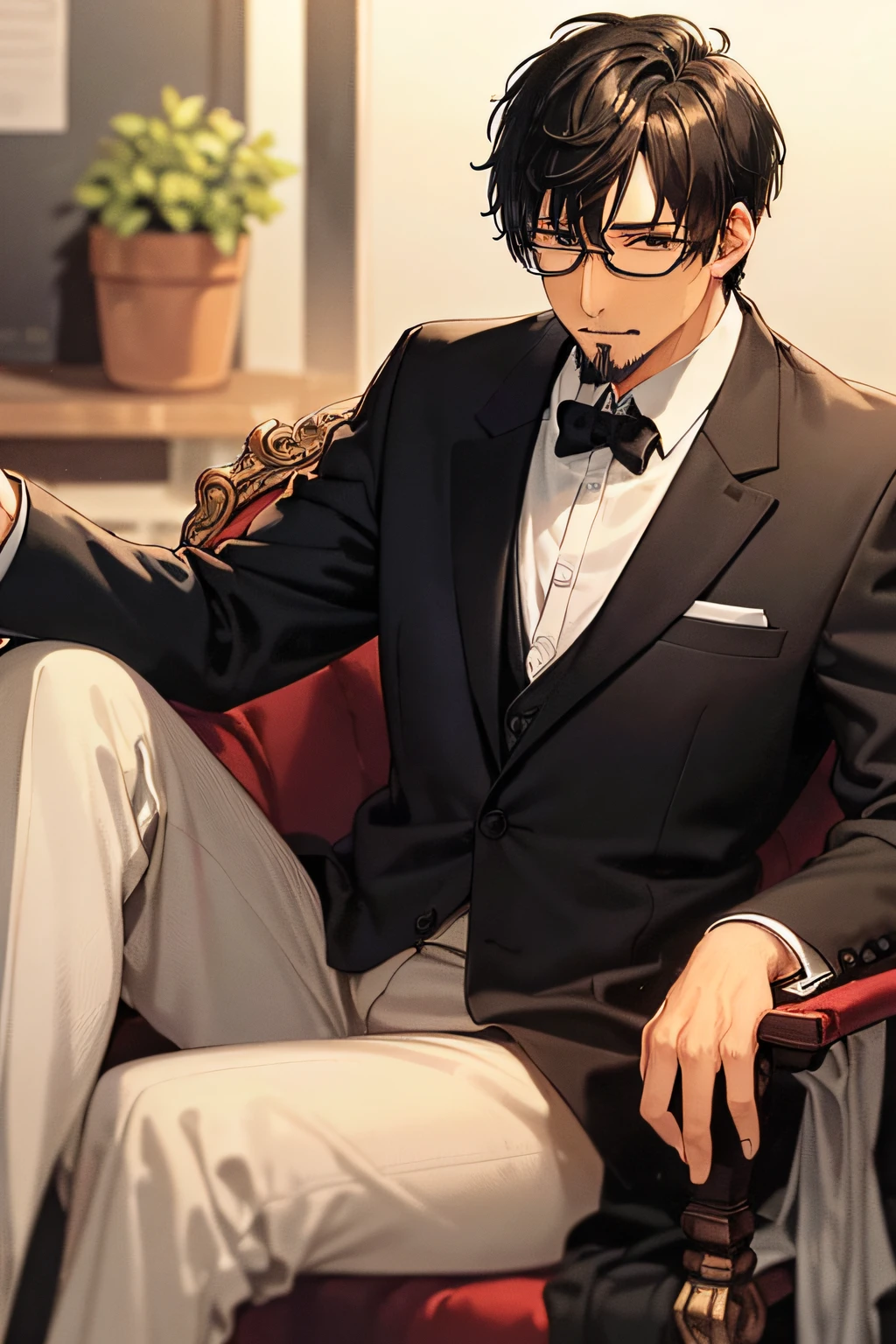 man with short black hair, dark brown eyes, goatee, and glasses, wearing a formal suit, sitting in a chair at a formal table in an office