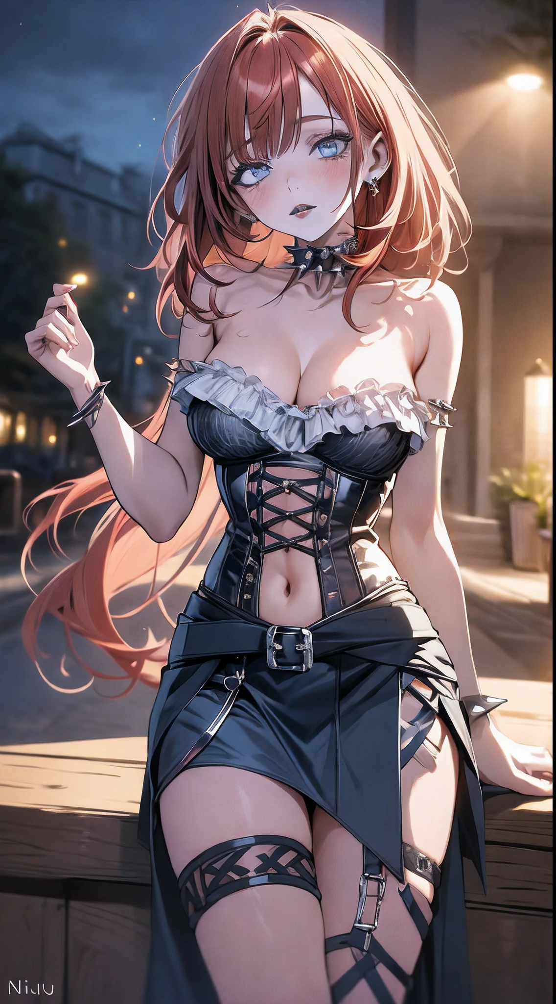 Gothic aesthetic, 1girl, solo, Nilou, blue makeup, black lips, blue eyes, breasts, skirt, large breasts, red hair, long hair, corset, erotic corset, purple corset, tight corset, jewelry, earrings, miniskirt, piercing, spikes, spiked collar, dark night, masterpiece, best quality, highly detailed