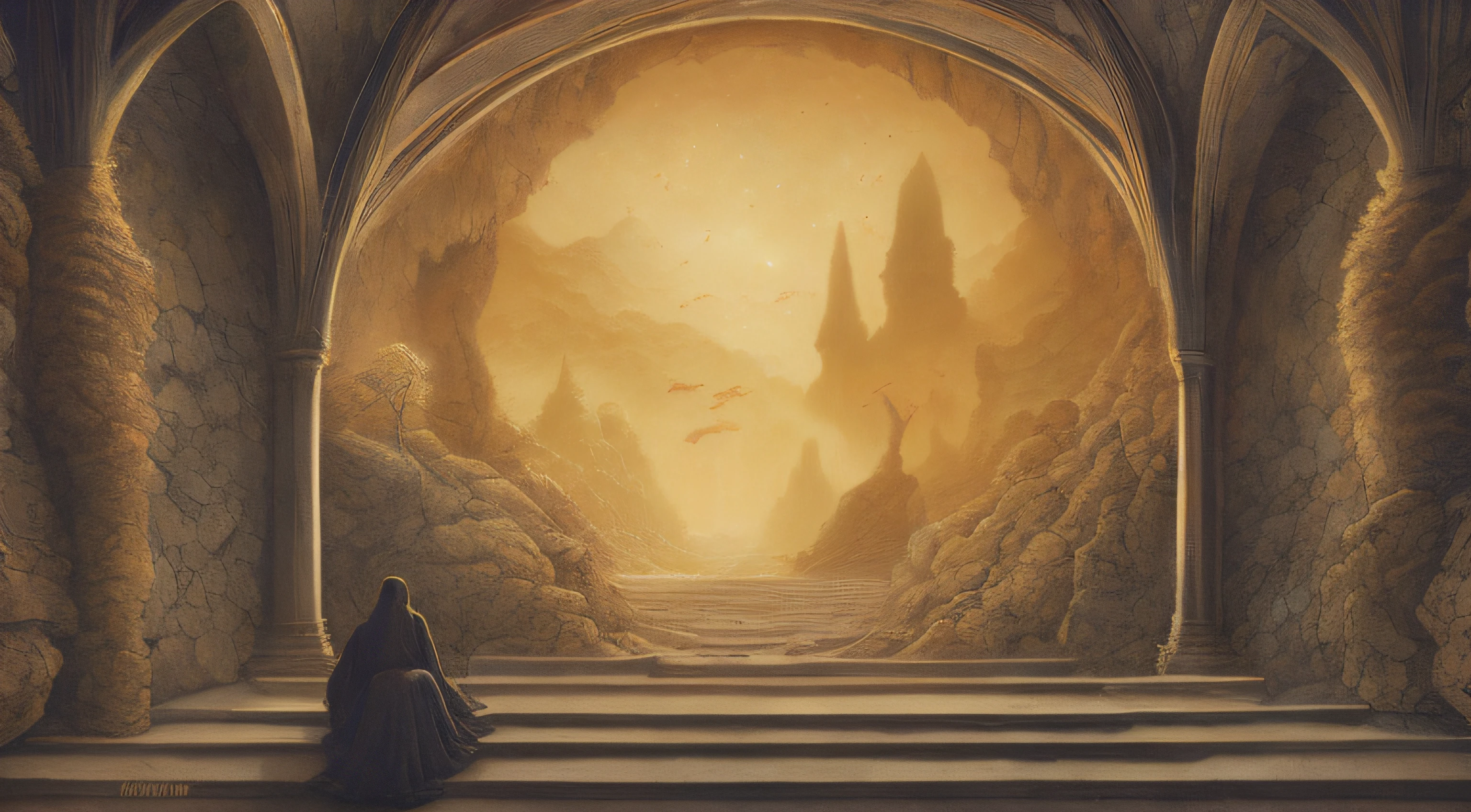 pintura de uma mulher sentada em uma escada de pedra em um castelo, Zdzislaw Beksisnski, pintura de fantasia fosca, Marcos Simonetti. intrincado, Beksisnski, Pintura fosca elaborada, pintura fosca requintada, pintura de fantasia fosca detalhada, inspirado em Christophe Vacher, symmetric matte painting, Pintura detalhada do filme Duna, Marc _ Simonetti