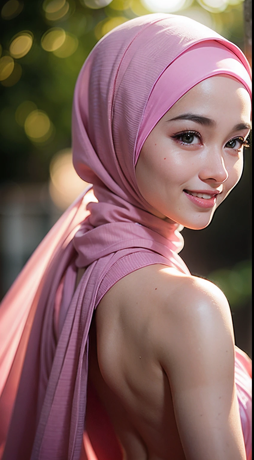 night scene, close up photo of a sexy naked malay girl with hijab, posing, look at a camera and smile, pink pastel hijab, (green eyes:0.8), cute young face, 18 yo, soft volumetric lights, (backlit:1.3), (cinematic:1.3), intricate details, (ArtStation:1.2)