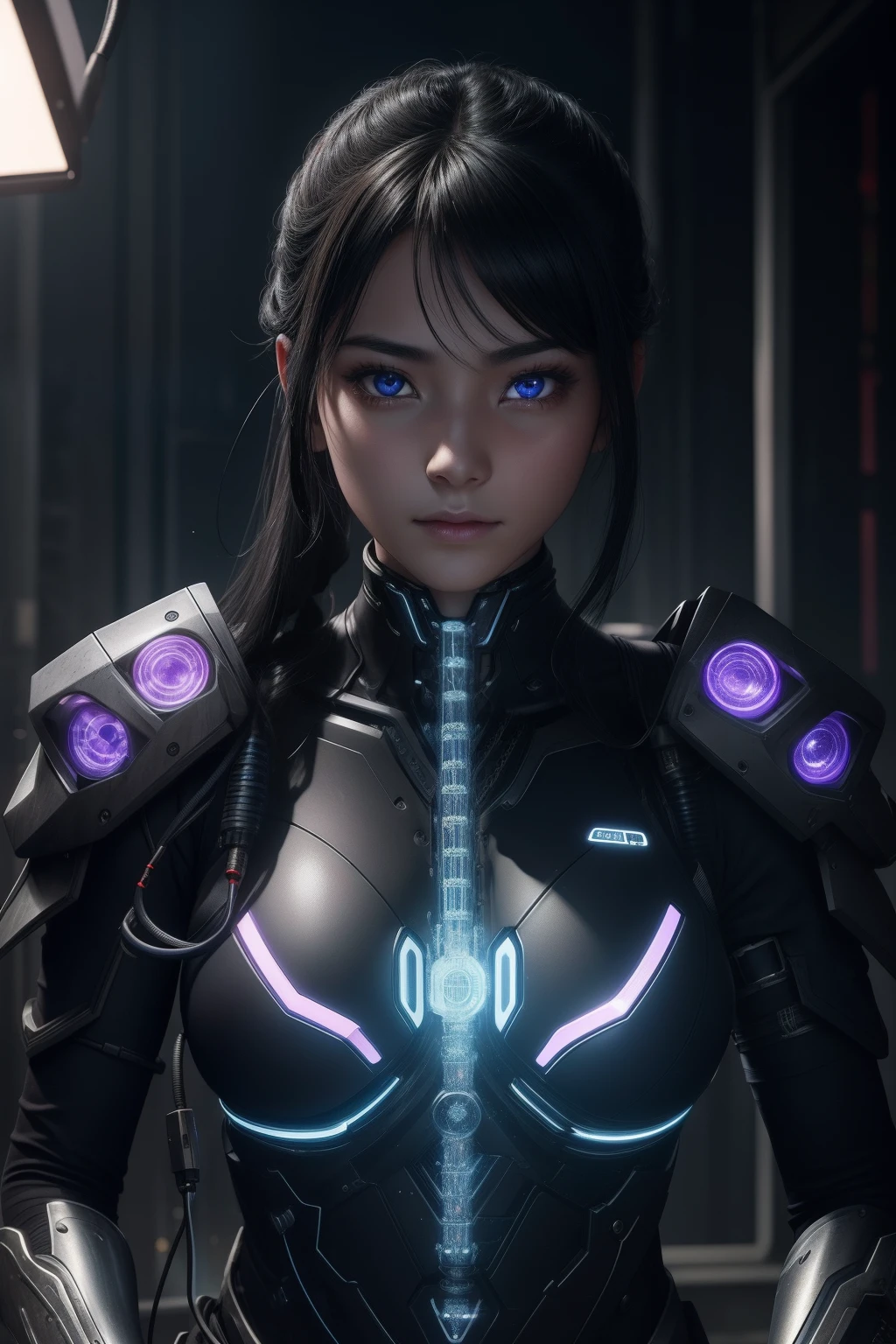 best qualityer、tmasterpiece、超高分辨率、(photorealestic:1.4)、RAW photo、1 rapariga、Black hair、glowy skin、1 Cyberpunk Girl、((hyper realistic detailed))、porate、Global illumination、black shadows、rendering by octane、8K、ultrasharp、huge tit、Raw skin is exposed in cleavage、metals、Details of complex ornaments、Sumerian details、High intricate details、Realistic light、CGSoation trends、violet colored eyes、shinning eyes、Facing the camera、neon light detail、Mechanical limbs、blood vessels attached to the tube、Mechanical vertebrae attached to the back、mechanical cervical attaching to neck、Sit on the、wires and cables connecting to head、Small LED lamps、Glowing tube、