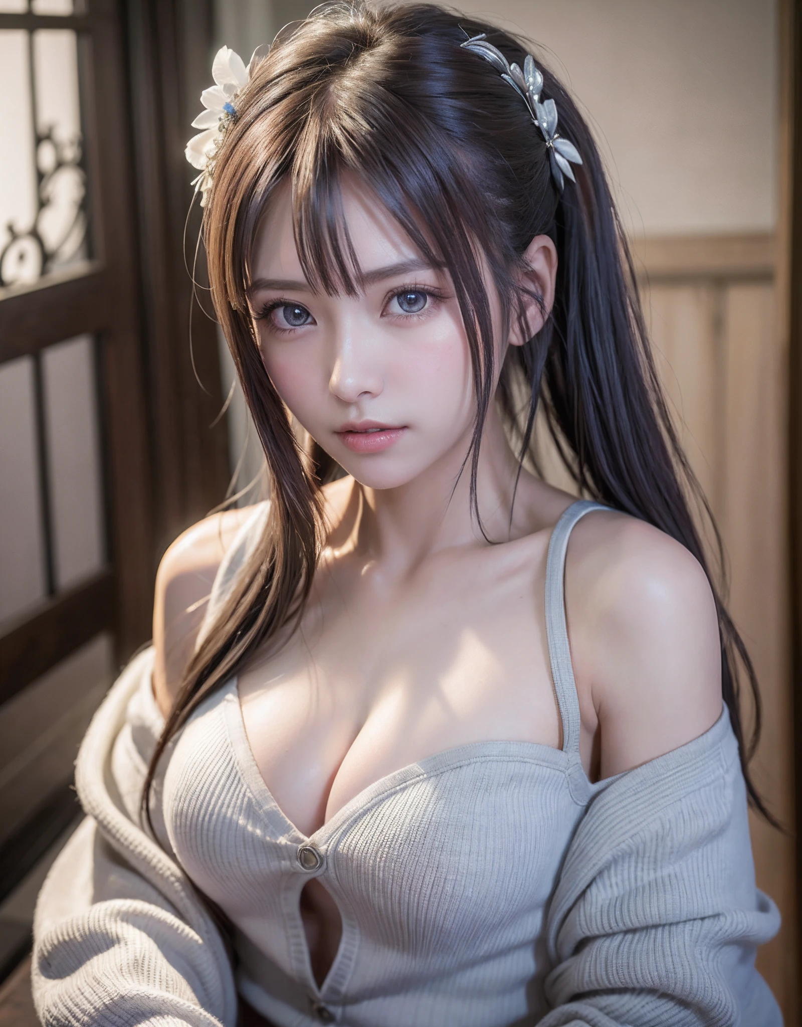 top-quality、8K Masterpiece、超A high resolution、(Photorealsitic:1.3)、Raw photo、女の子1人、silver white hair、poneyTail、glowy skin、1 super beautiful college girl、((super realistic details))、portlate、globalillumination、Shadow、octan render、8K、ultrasharp、highly intricate detail、Realistic light、CGSoation Trends、Beautiful eyes、radiant eyes、Facing the camera、