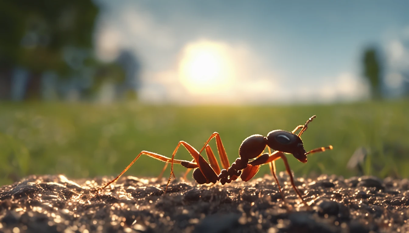 a small ant, standing on top of a green grass, an ant has its arms up holding a small tree branch, its silhouette framed by a vibrant orange sun. 4k, cinematic