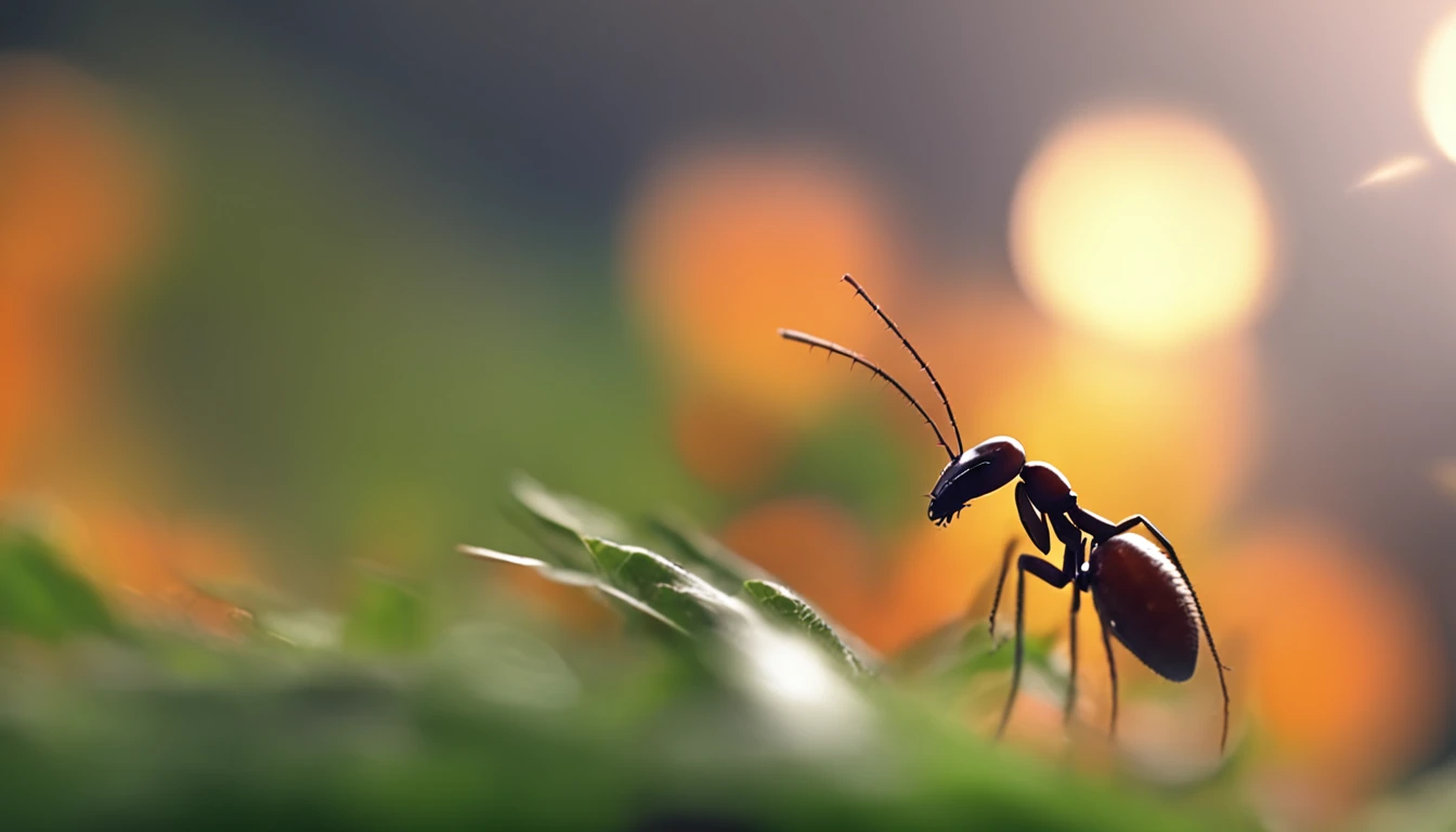 a small ant, standing on top of a green grass, an ant has its arms up holding a small tree branch, its silhouette framed by a vibrant orange sun. 4k, cinematic
