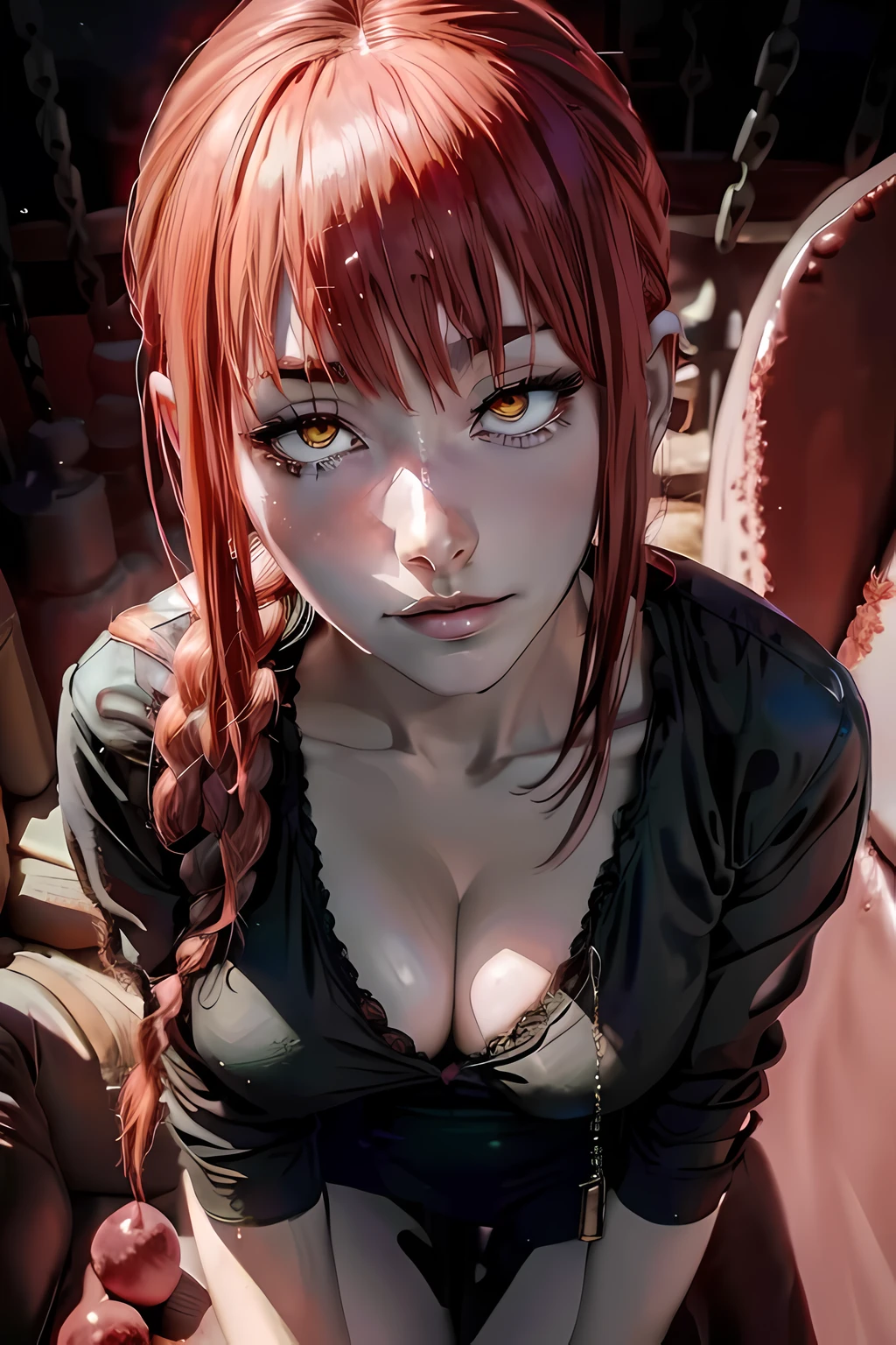 makima from chainsaw man face, clear face, orange eyes, highres, masterpiece, blush, mascara, lipgloss, beautiful