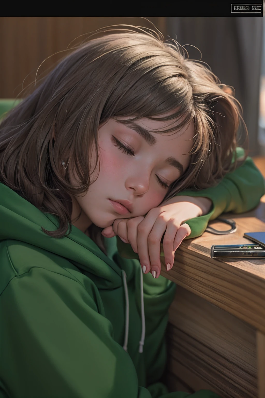 girl,leaning_on_hand, desk, sleeping, wearing dark green hoodie, masterpiece, detailed, high quality, warm_colors, grainy