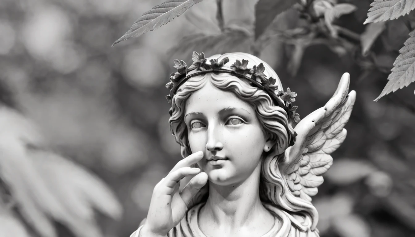 ink style black white hand drawn illustration of an angel statue with a cannabis leaf in her hand.