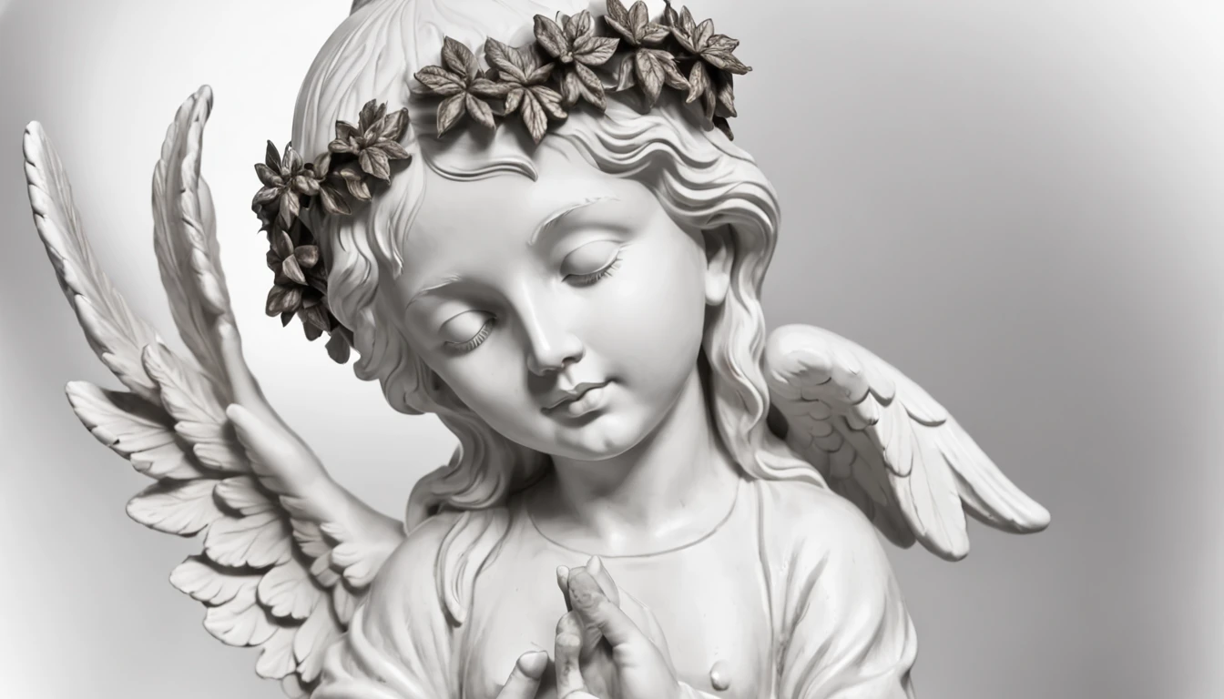 ink style black white hand drawn illustration of an angel statue with a cannabis leaf in her hand.