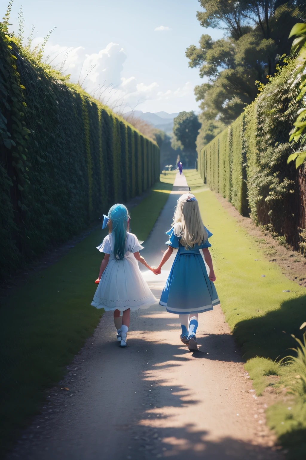 one girl with 6  with long blond hair with a white dress, with one fairy girl with 6 years oldh a blue dress,  blue hair and they are walking together to the back and can not see their faces, they are walking hand by hand,