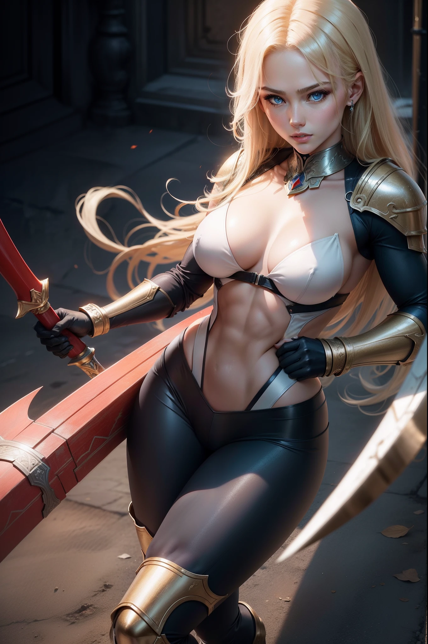 (8K,Photorealsitic RAW Photography top-quality;1.4) 1GIRL) Super beauty (lifelike face) (a blond) Martial arts suit and rubber pants Tempting viewers beautiful expression Blue eyes (real looking skin) (Female Paladin) enticing 超A high resolution A hyper-realistic high detal Holding a sword with a thin muscular macho body White and red women's armor muscular slender lower body