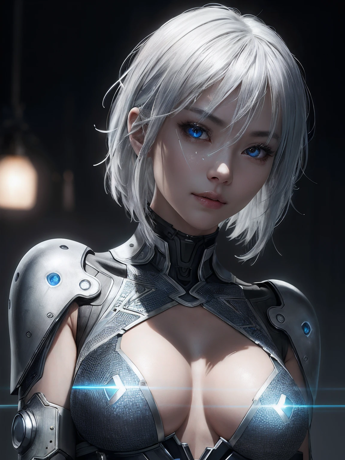 top-quality、8K Masterpiece、超A high resolution、(Photorealsitic:1.3)、Raw photo、女の子1人、silver white hair、glowy skin、1 Cyberpunk Super Beautiful Soldier、((super realistic details))、portlate、globalillumination、Shadow、octan render、8K、ultrasharp、beauty breast、Raw skin is exposed in cleavage、metals、cold color、、highly intricate detail、Realistic light、CGSoation Trends、Beautiful eyes、radiant eyes、Facing the camera、neon details、