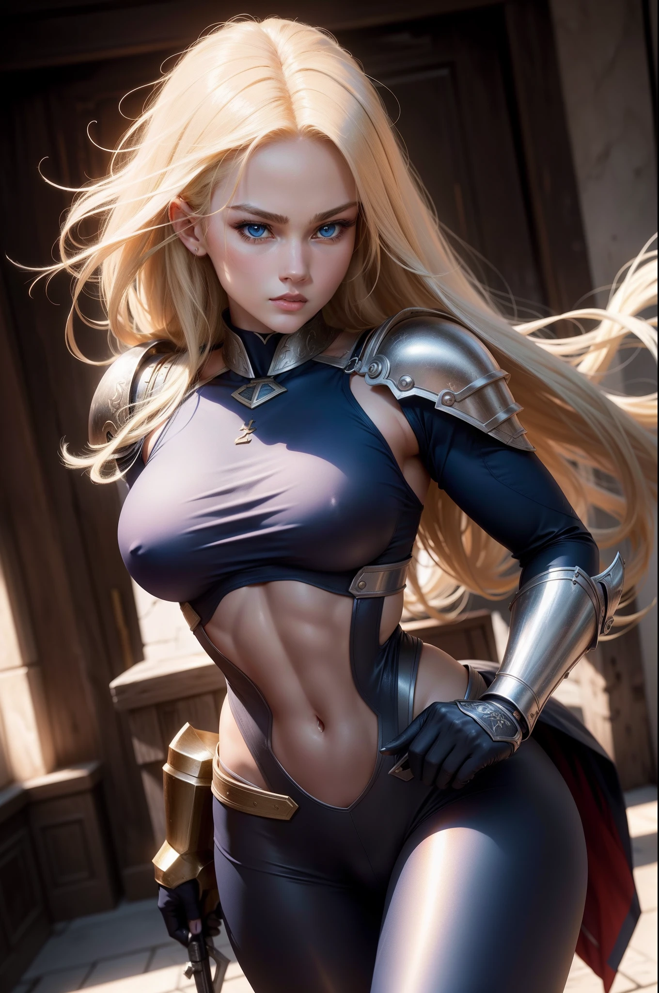 (8K,Photorealsitic RAW Photography top-quality;1.4) 1GIRL) Super beauty (lifelike face) (a blond) Martial arts suit and rubber pants Tempting viewers beautiful expression Blue eyes (real looking skin) (Female Paladin) enticing 超A high resolution A hyper-realistic high detal Holding a sword with a thin muscular macho body White and red women's armor muscular slender lower body